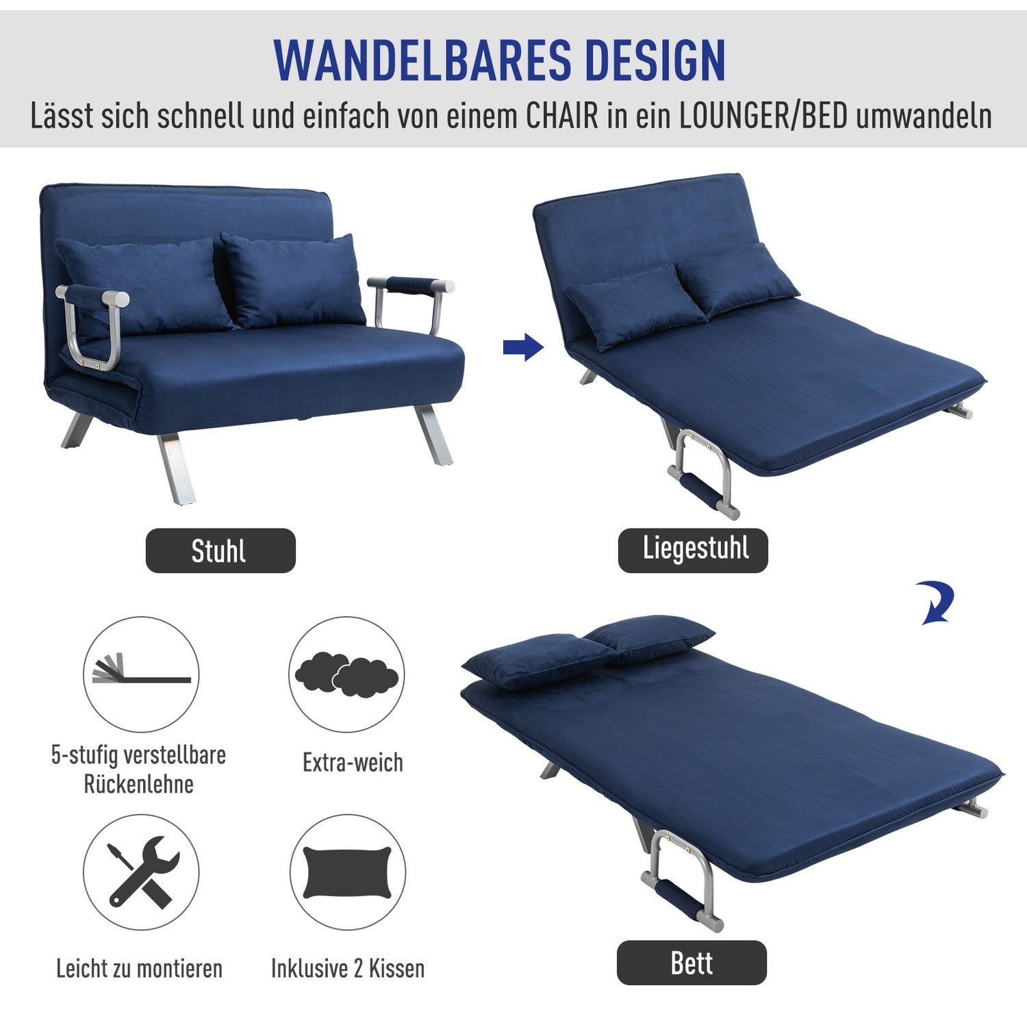 2-sits bäddsoffa i sammetslook, blå klädsel, justerbar rygg