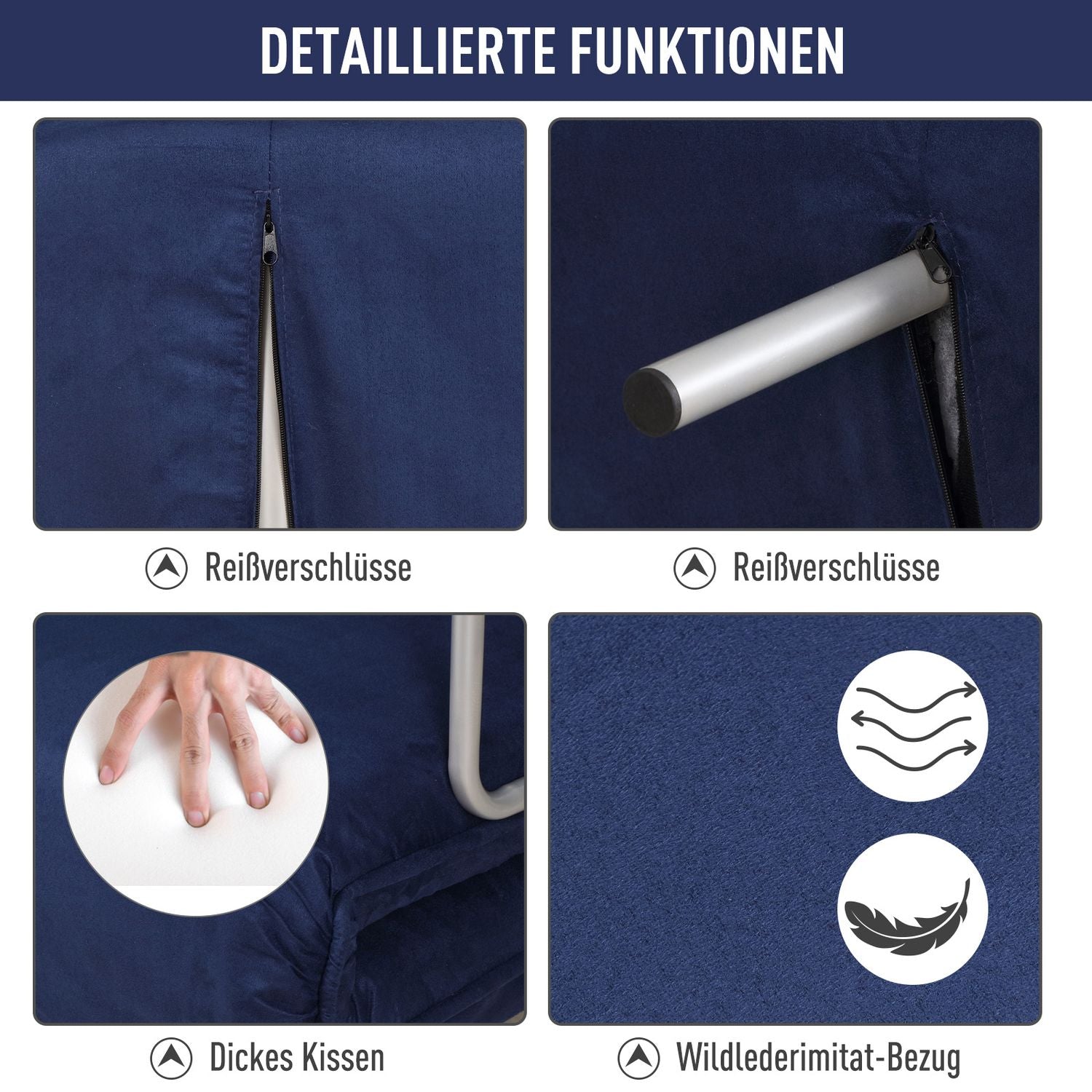 2-sits bäddsoffa i sammetslook, blå klädsel, justerbar rygg
