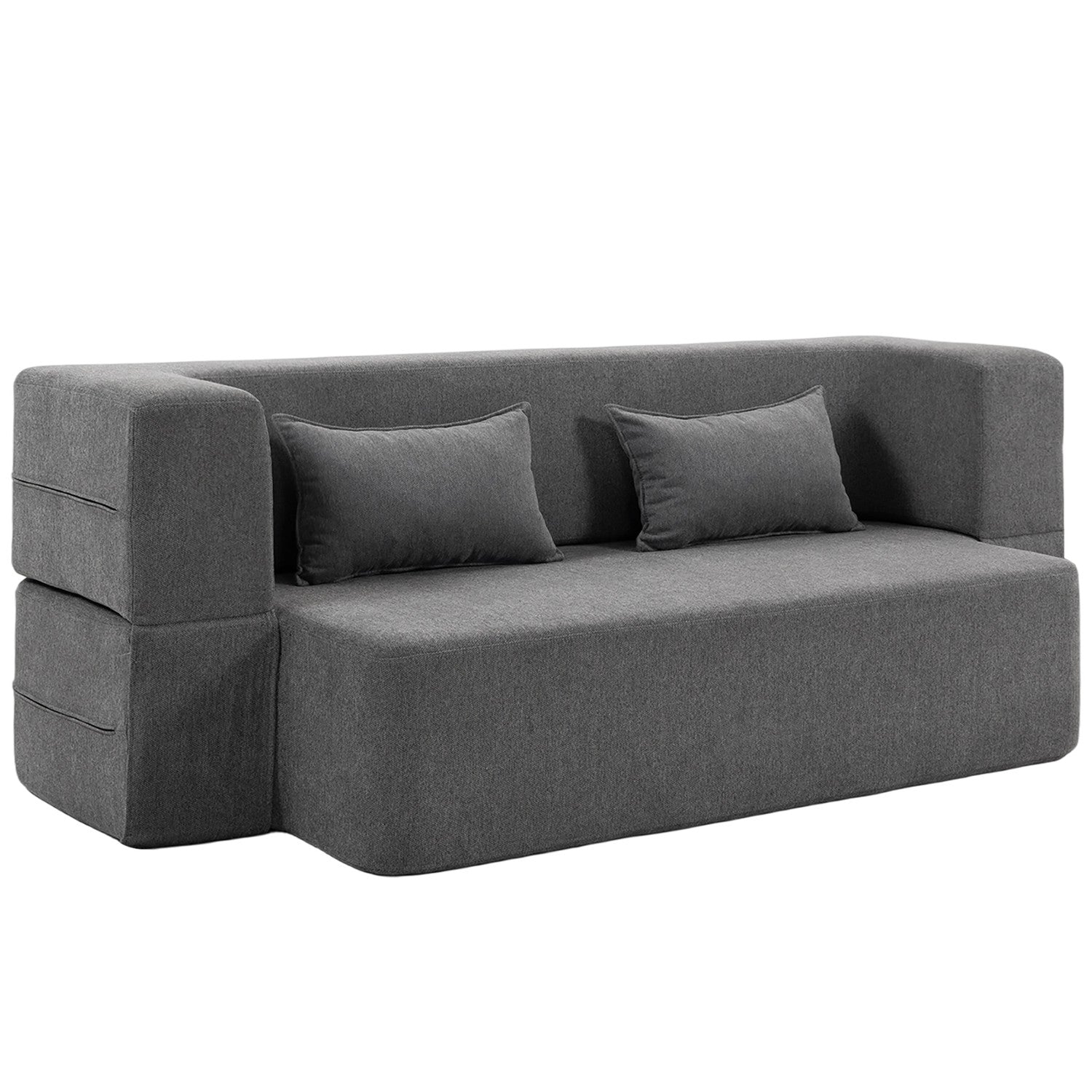 2-seters sovesofa i skum, brede armlener, kapasitet på 360 kg, grå