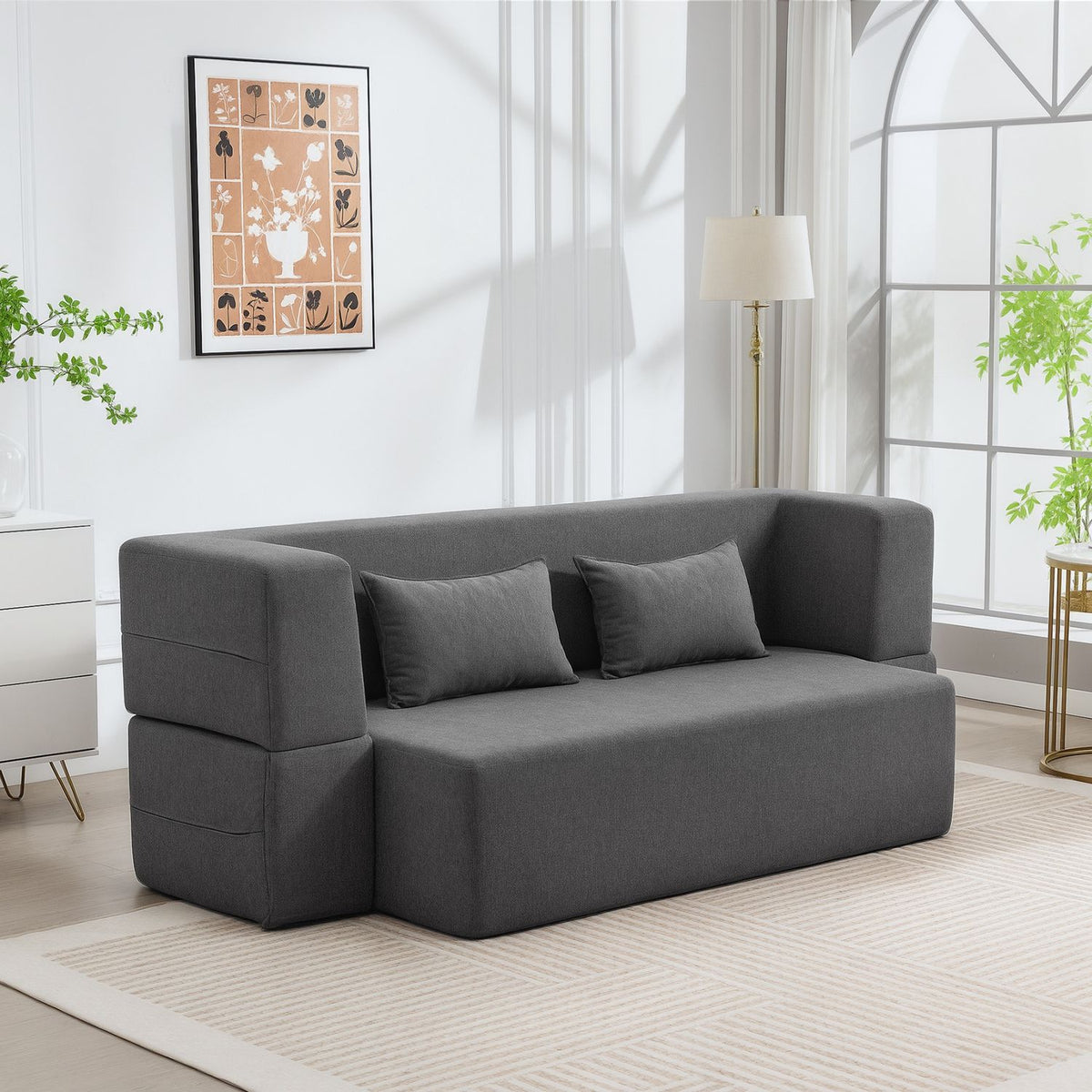2-seters sovesofa i skum, brede armlener, kapasitet på 360 kg, grå