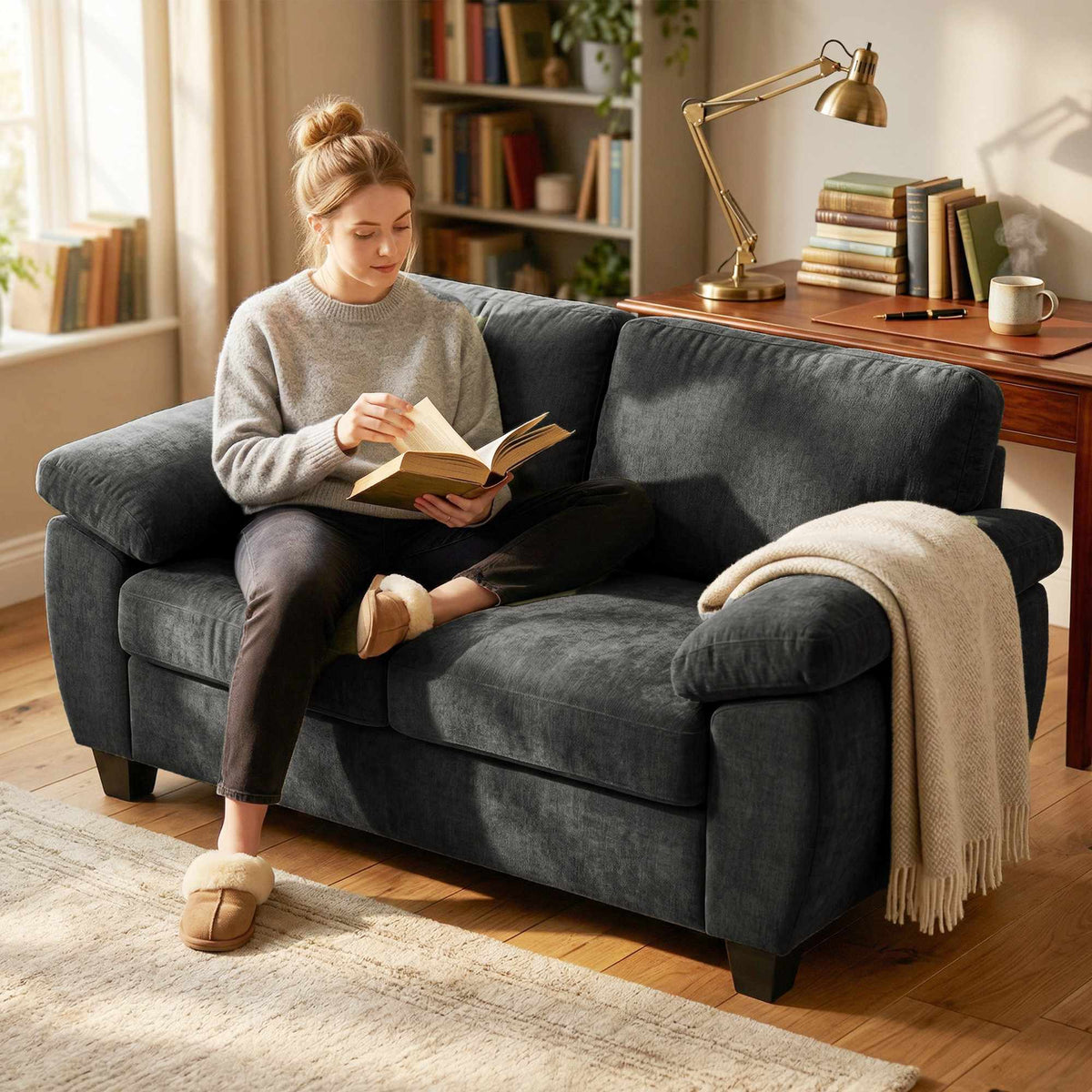 2-seters chenillesofa, 156 cm, mørkegrå, kapasitet 300 kg