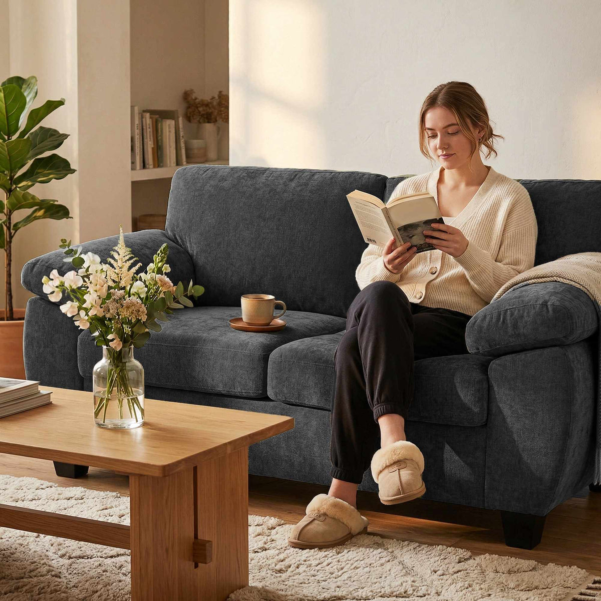 2-seters chenillesofa, 156 cm, mørkegrå, kapasitet 300 kg