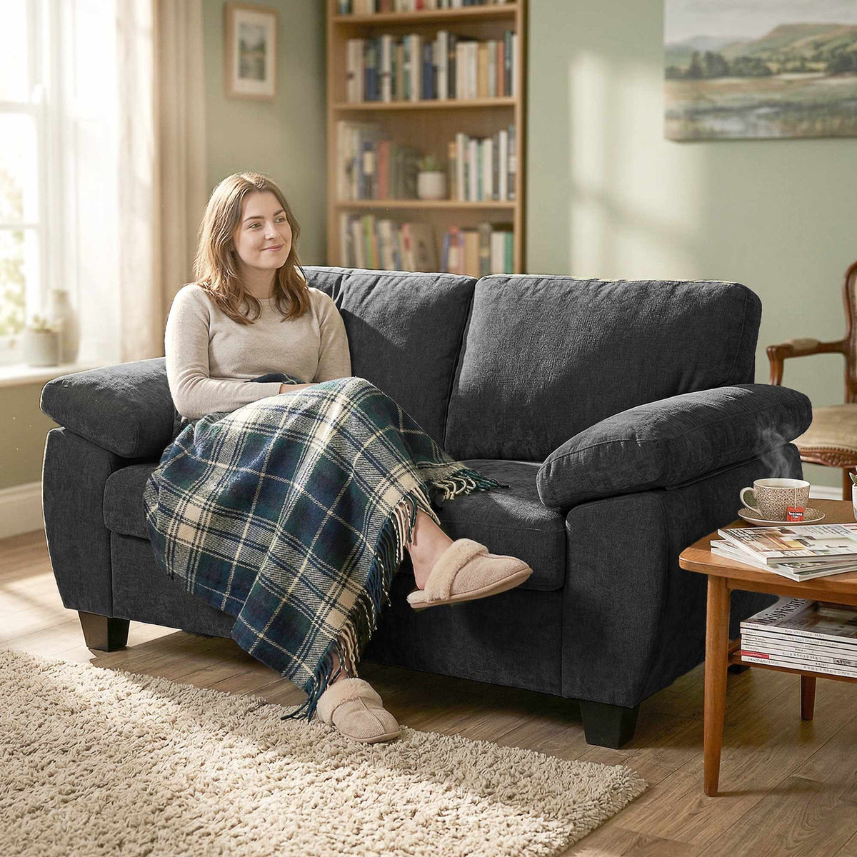 2-seters chenillesofa, 156 cm, mørkegrå, kapasitet 300 kg