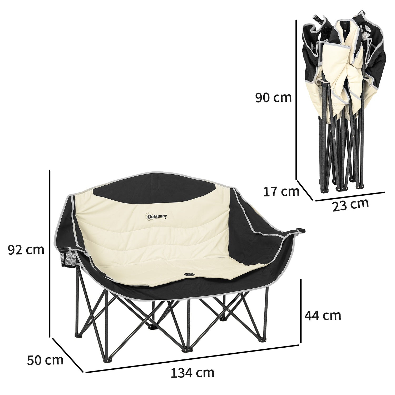 2-sits hopfällbar campingstol med mugghållare, kapacitet 250 kg
