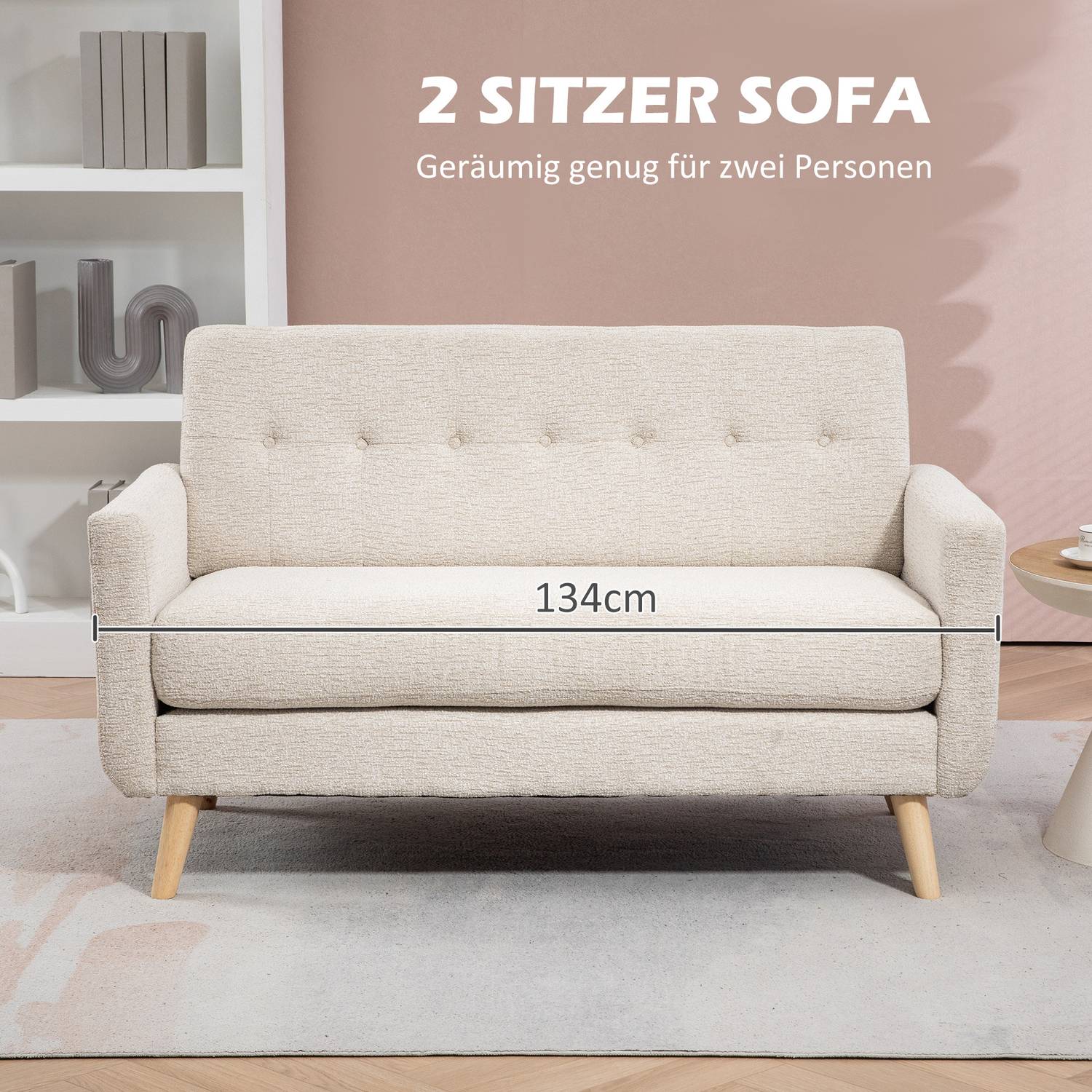 2-sits sammetssoffa, beige – bekväma kuddar och träben