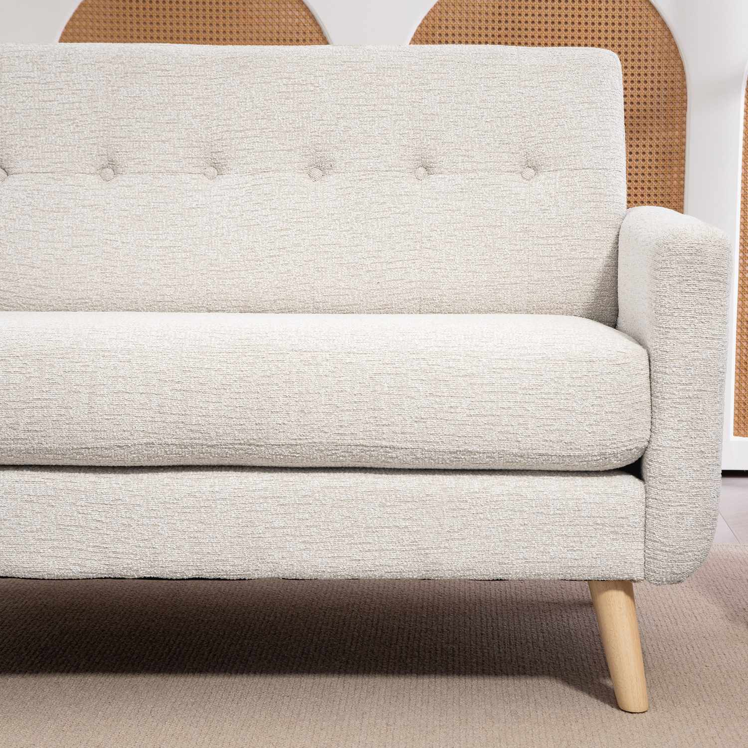 2-sits sammetssoffa, beige – bekväma kuddar och träben