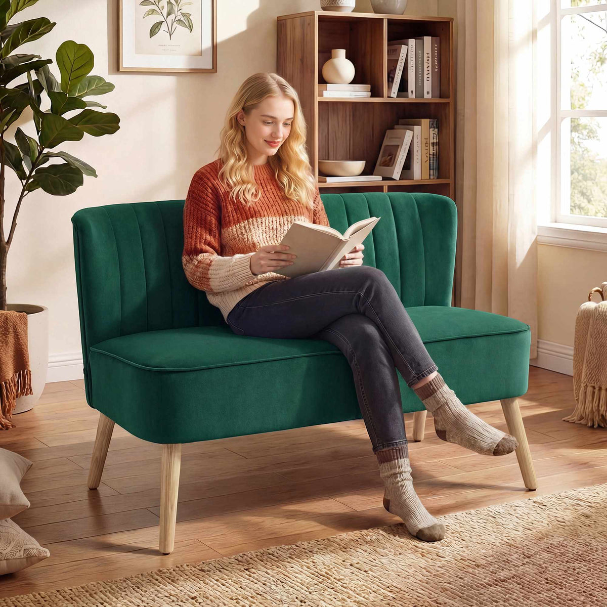 2-seters retrosofa, mørkegrønn, treben, 117 cm