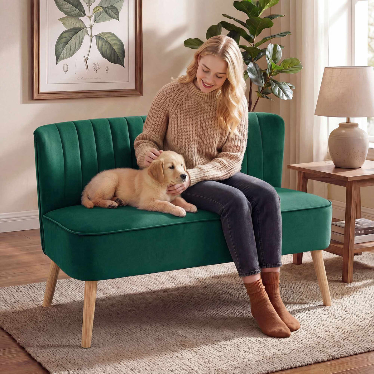 2-seters retrosofa, mørkegrønn, treben, 117 cm