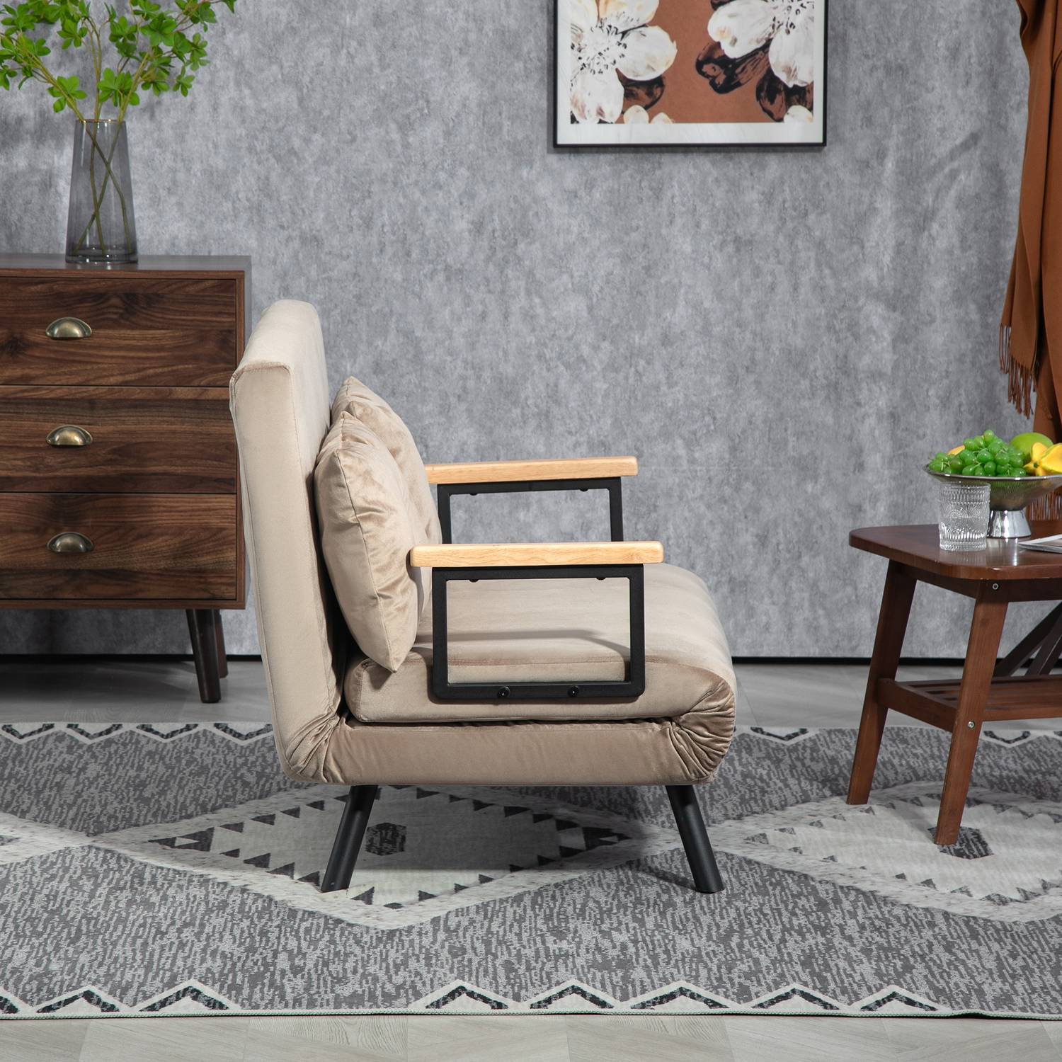 2-sits sammetsbäddsoffa, justerbart ryggstöd, ljusbrun