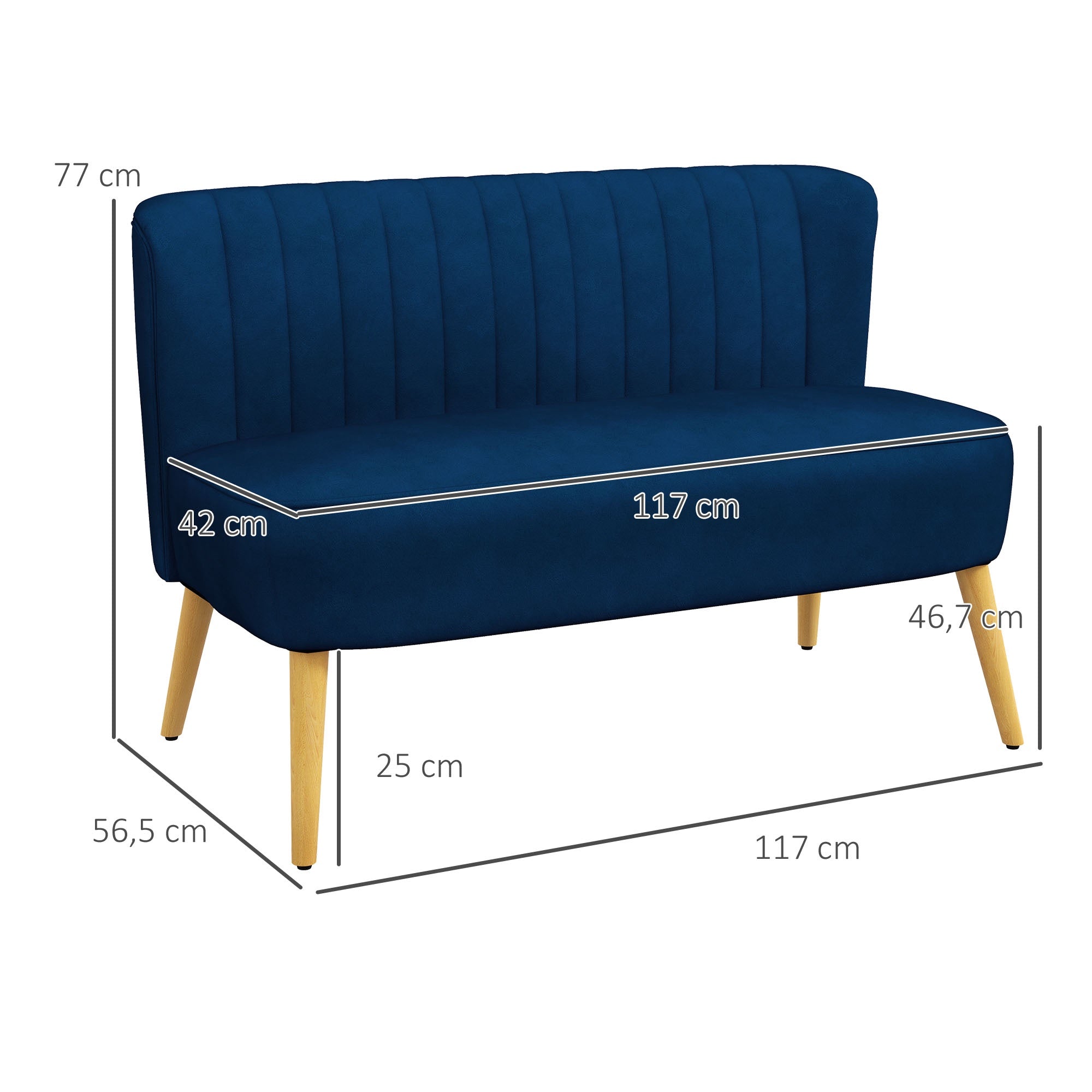 2-sitssoffa, blå, träben, 117 x 56,5 x 77 cm