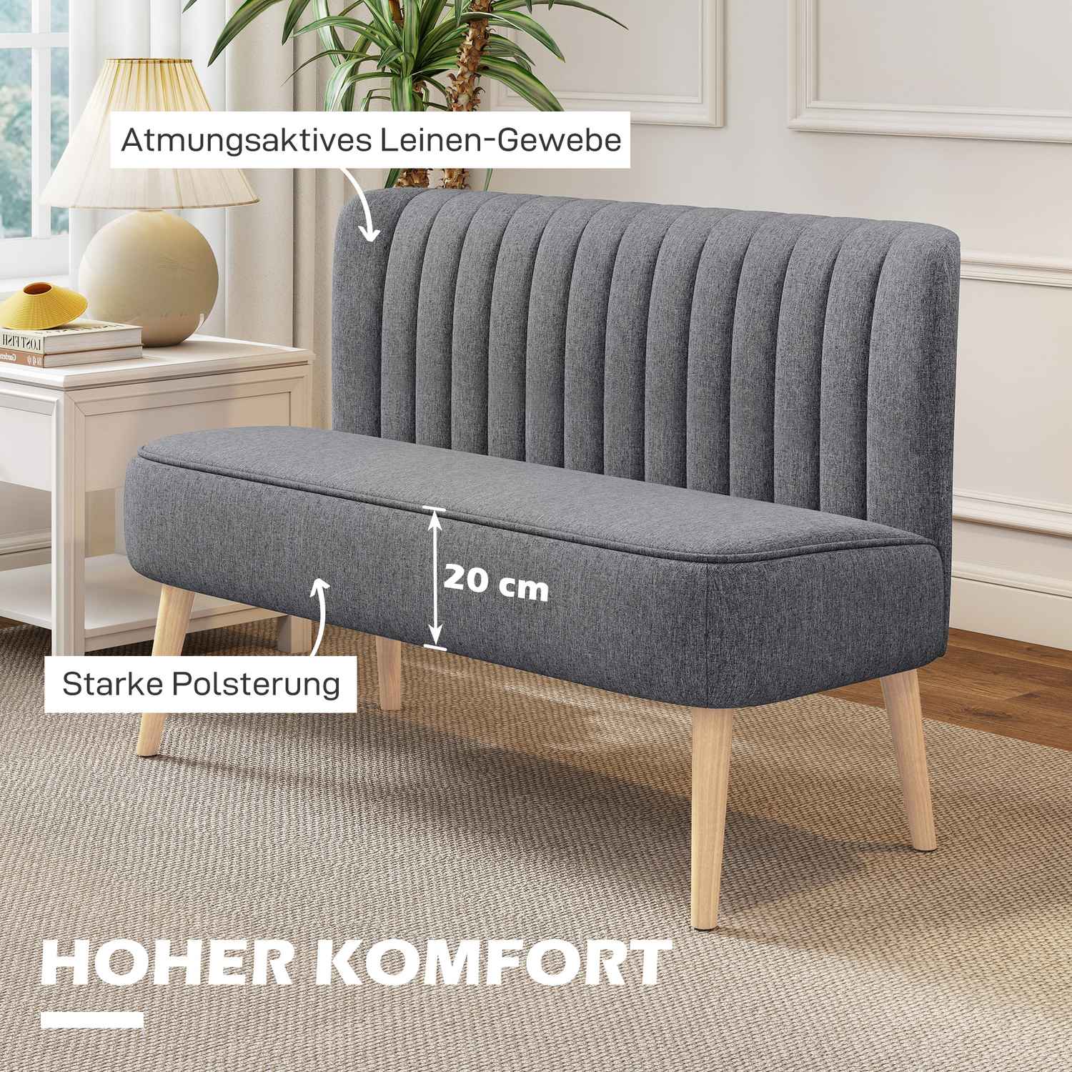 2-sitssoffa, linne-look, träram, 117 cm, grå