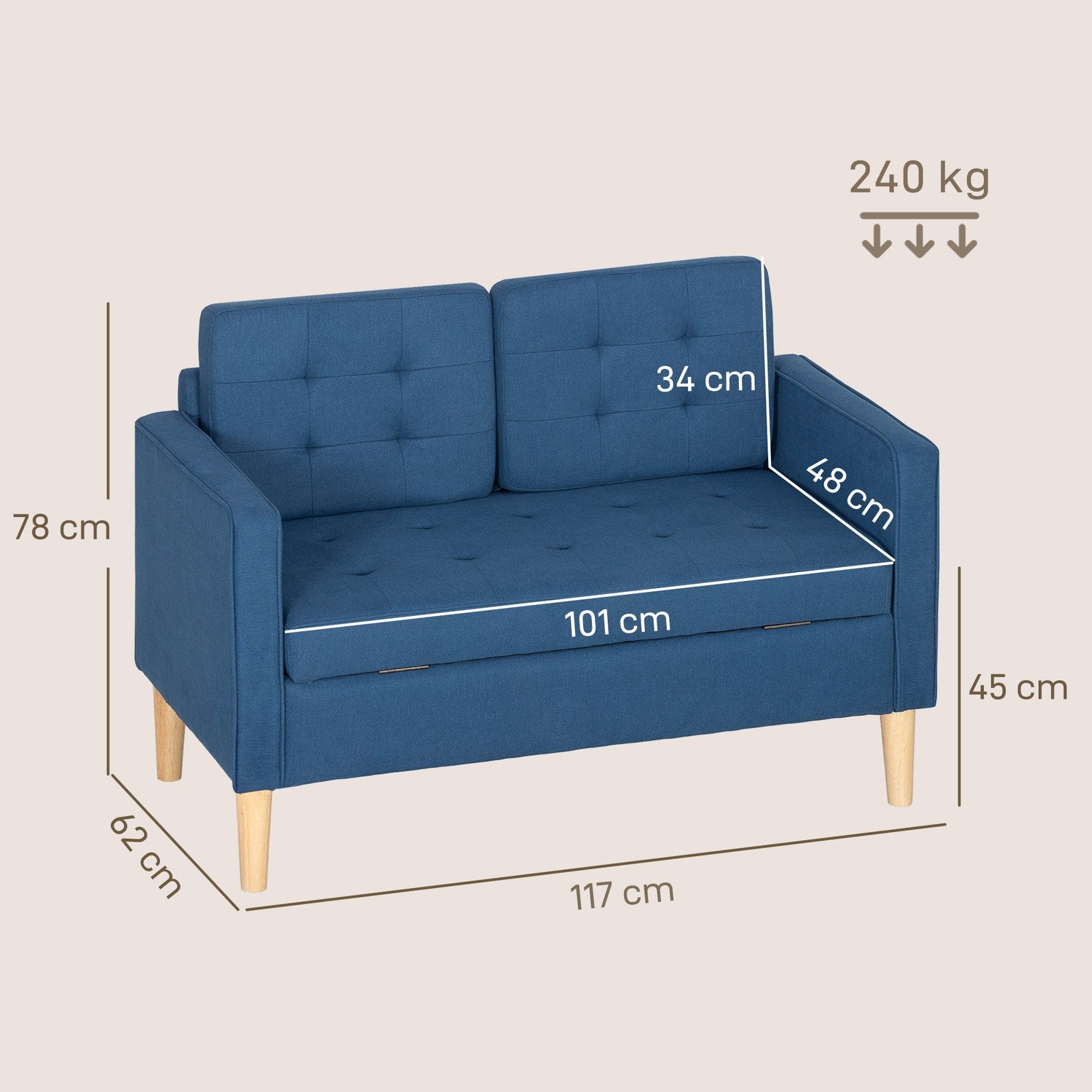 2-sits soffa med förvaring, blå sammet, kompakt design