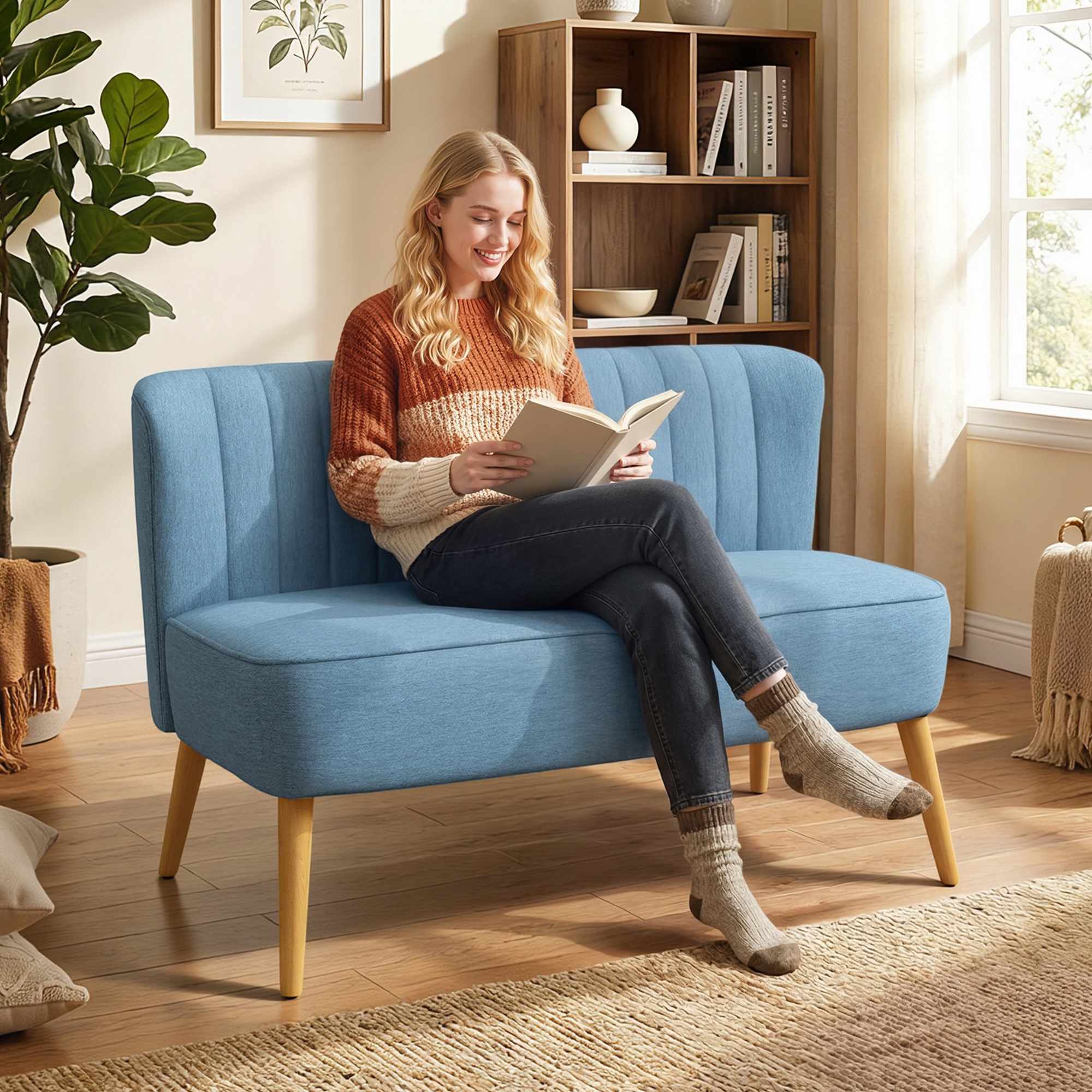 2-sitssoffa, mjuk stoppning, lättskött överdrag, blå