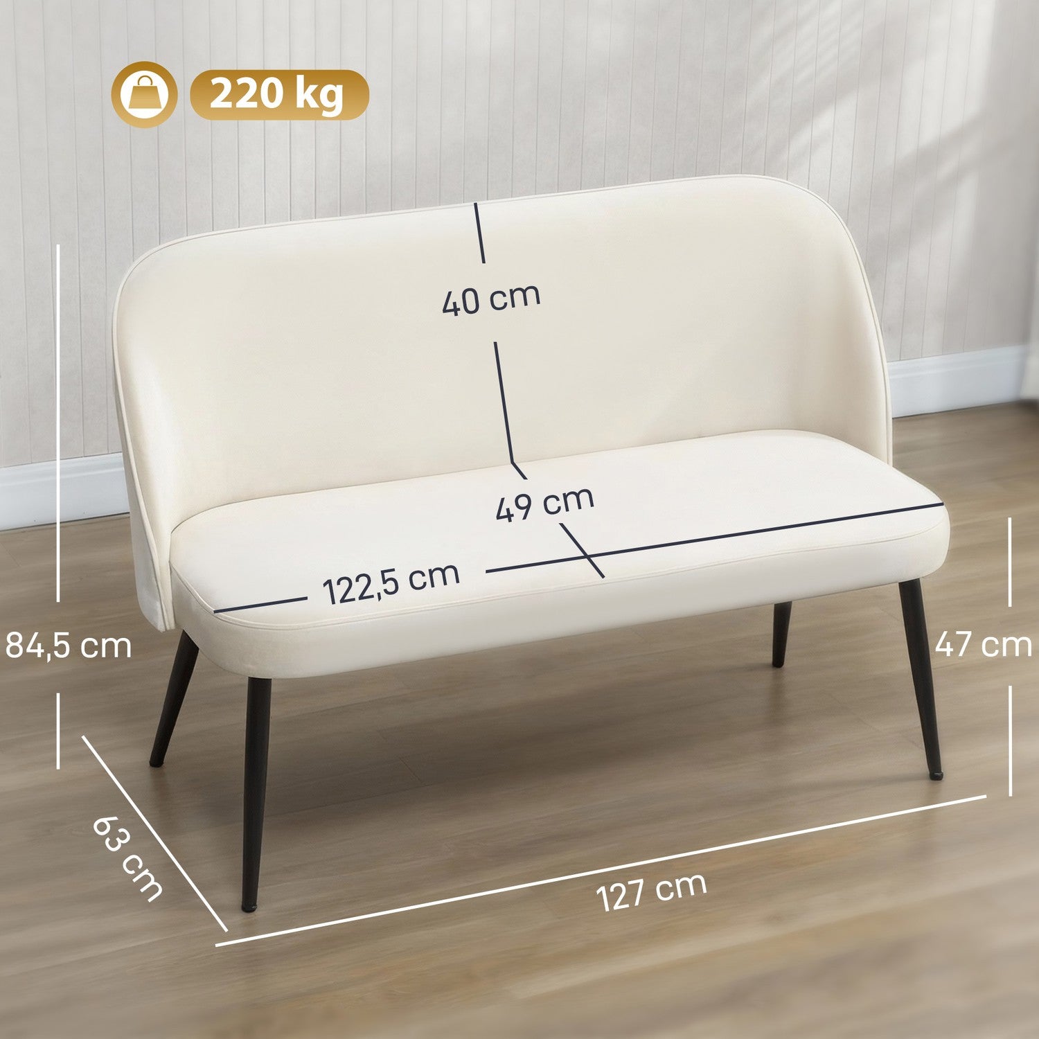 2-sitssoffa, sammetsliknande tyg, metall- och träram, beige