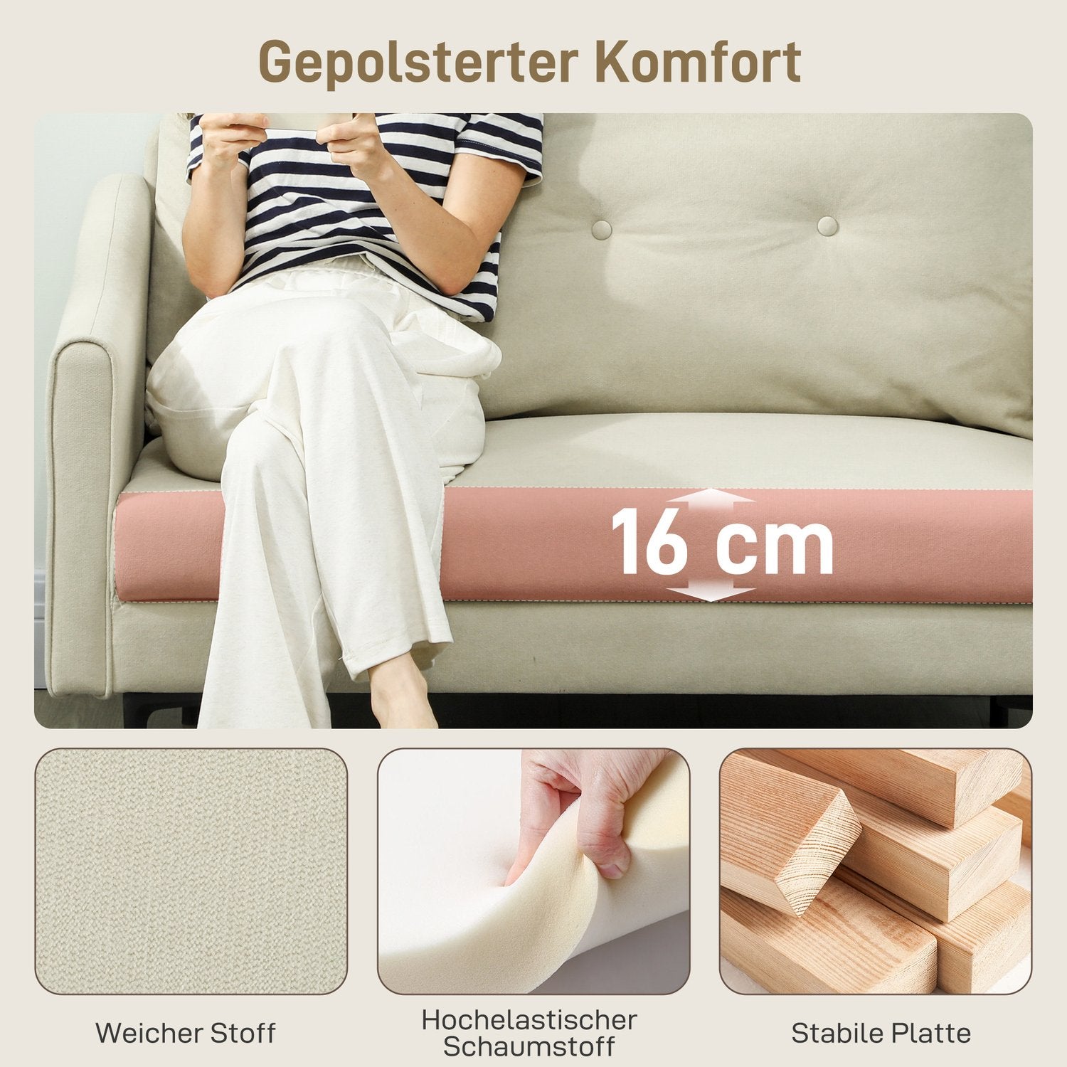 2-sitssoffa, skumdyna, tygöverdrag, krämvit