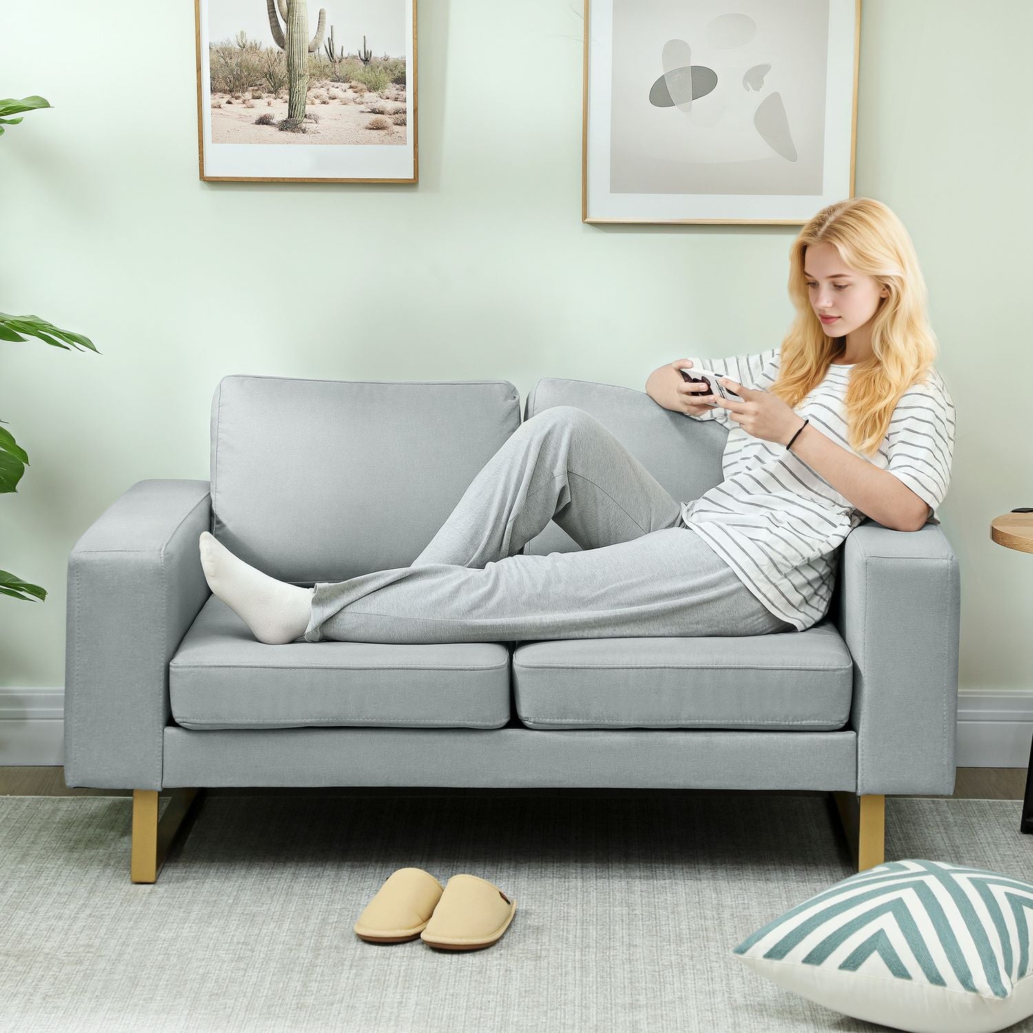 2-sits soffa, soffa med massiv träram, metallben, enkel design, ljusgrå