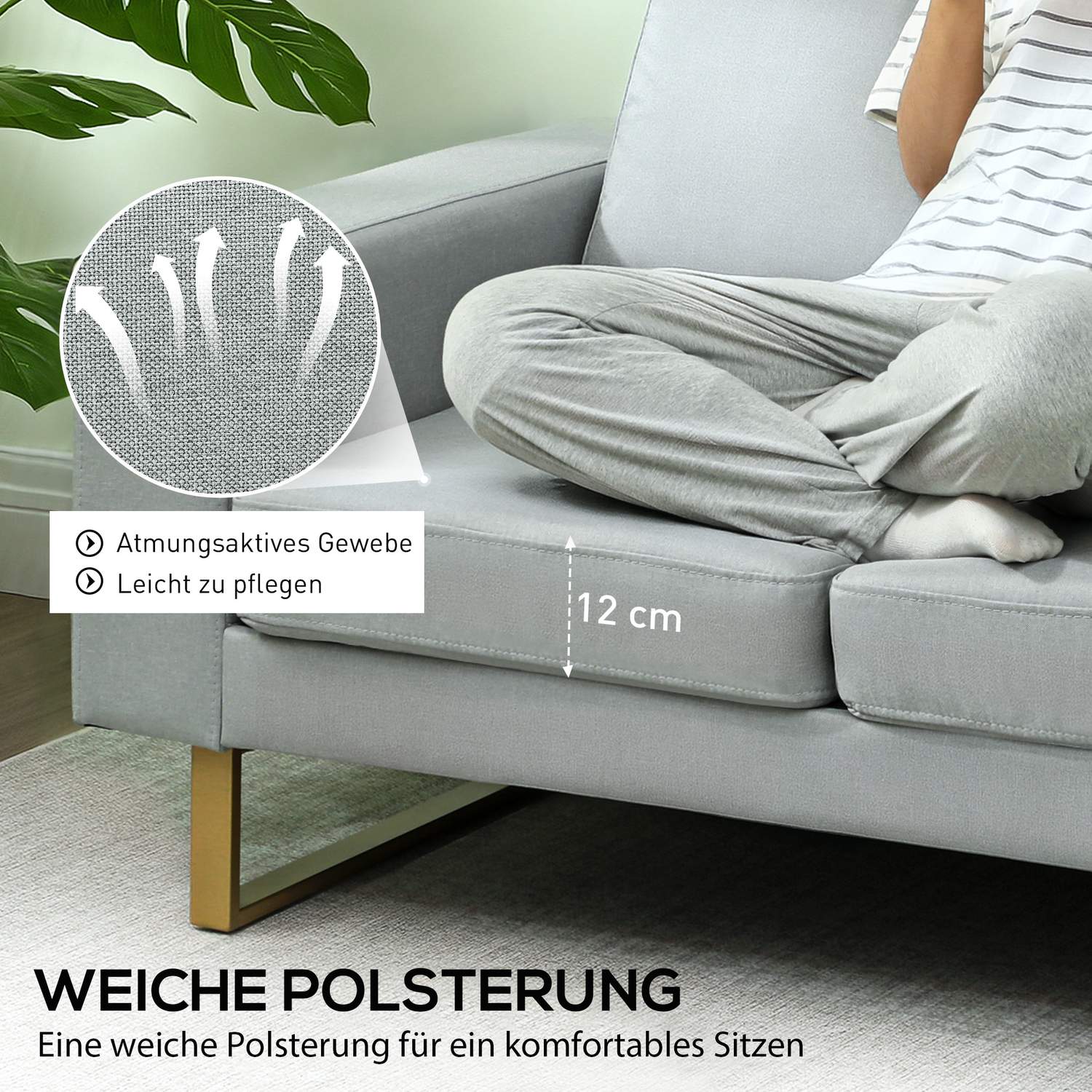 2-sits soffa, soffa med massiv träram, metallben, enkel design, ljusgrå