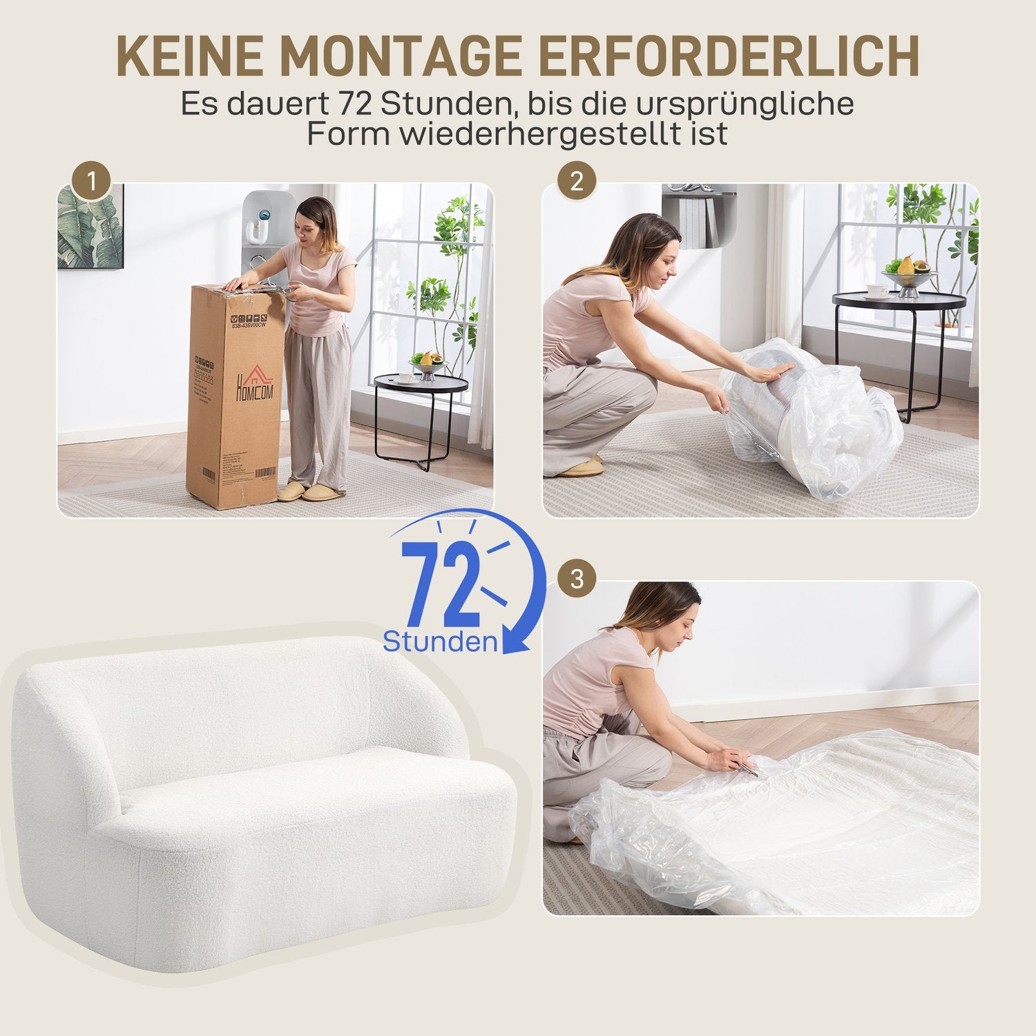 2-sits soffa, svängd design, fleeceklädsel, krämvit