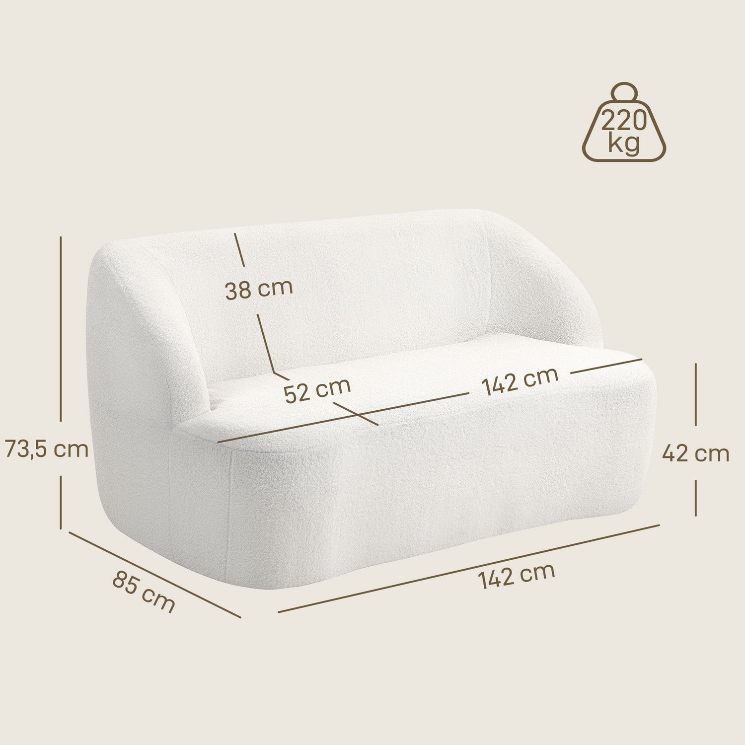 2-sits soffa, svängd design, fleeceklädsel, krämvit