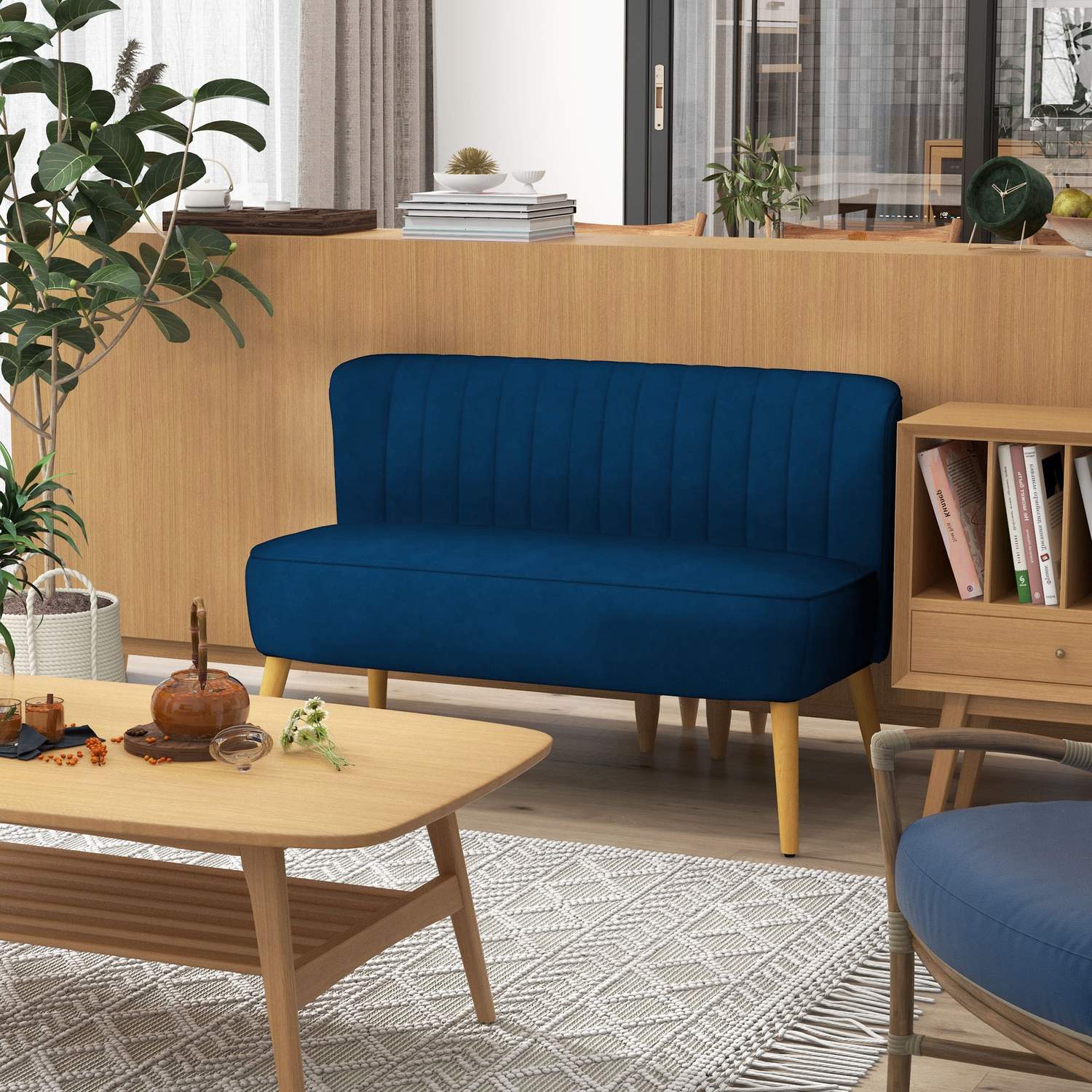 Himmelsblå Loveseat-soffa med träben – linnelook