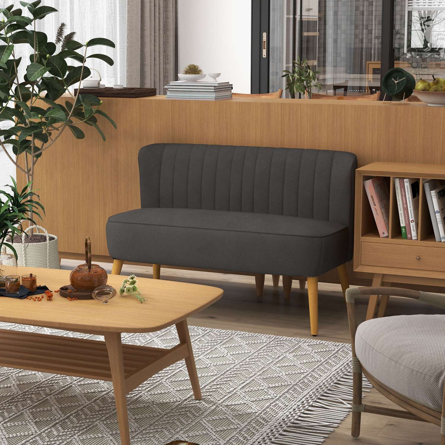 Mörkgrå Linne-Look Loveseat, träben, 2-sits