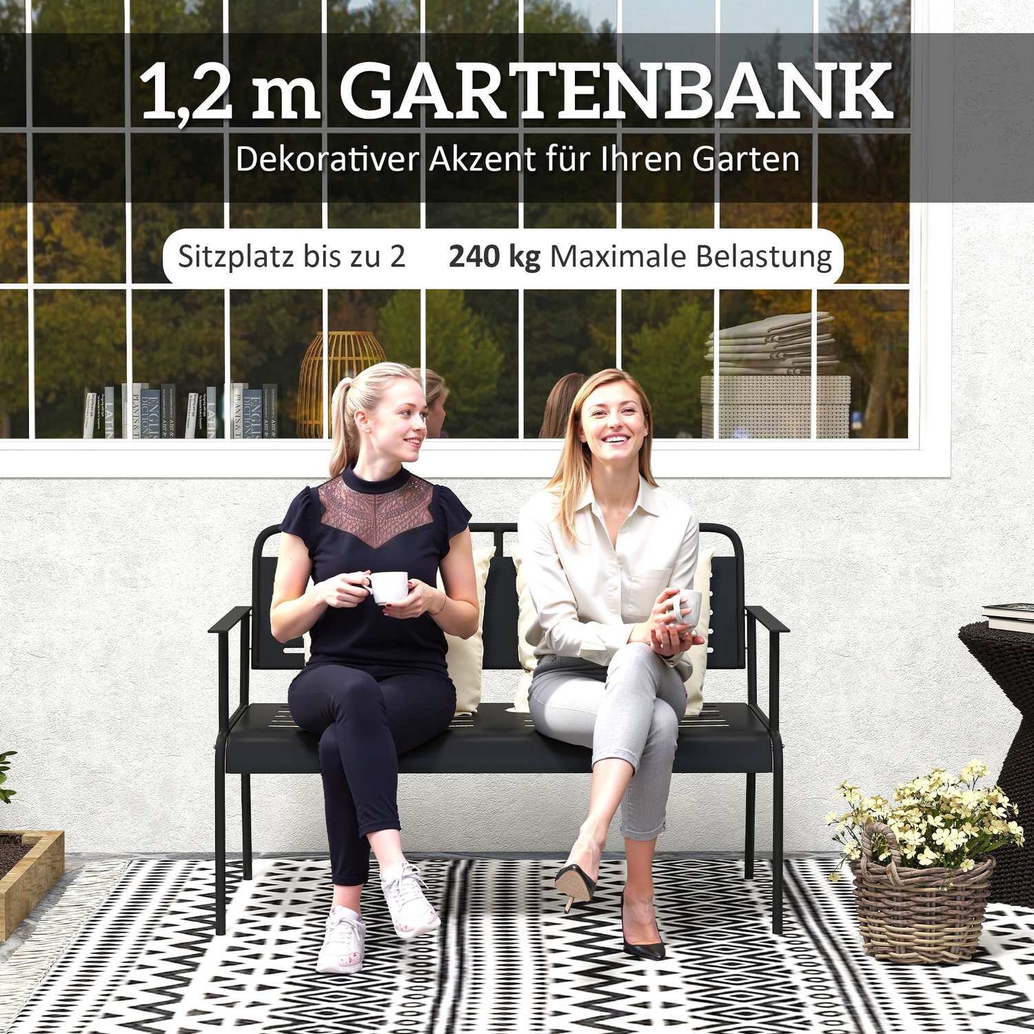 2-sits svart trädgårdsbänk, vattenavvisande, 240 kg kapacitet