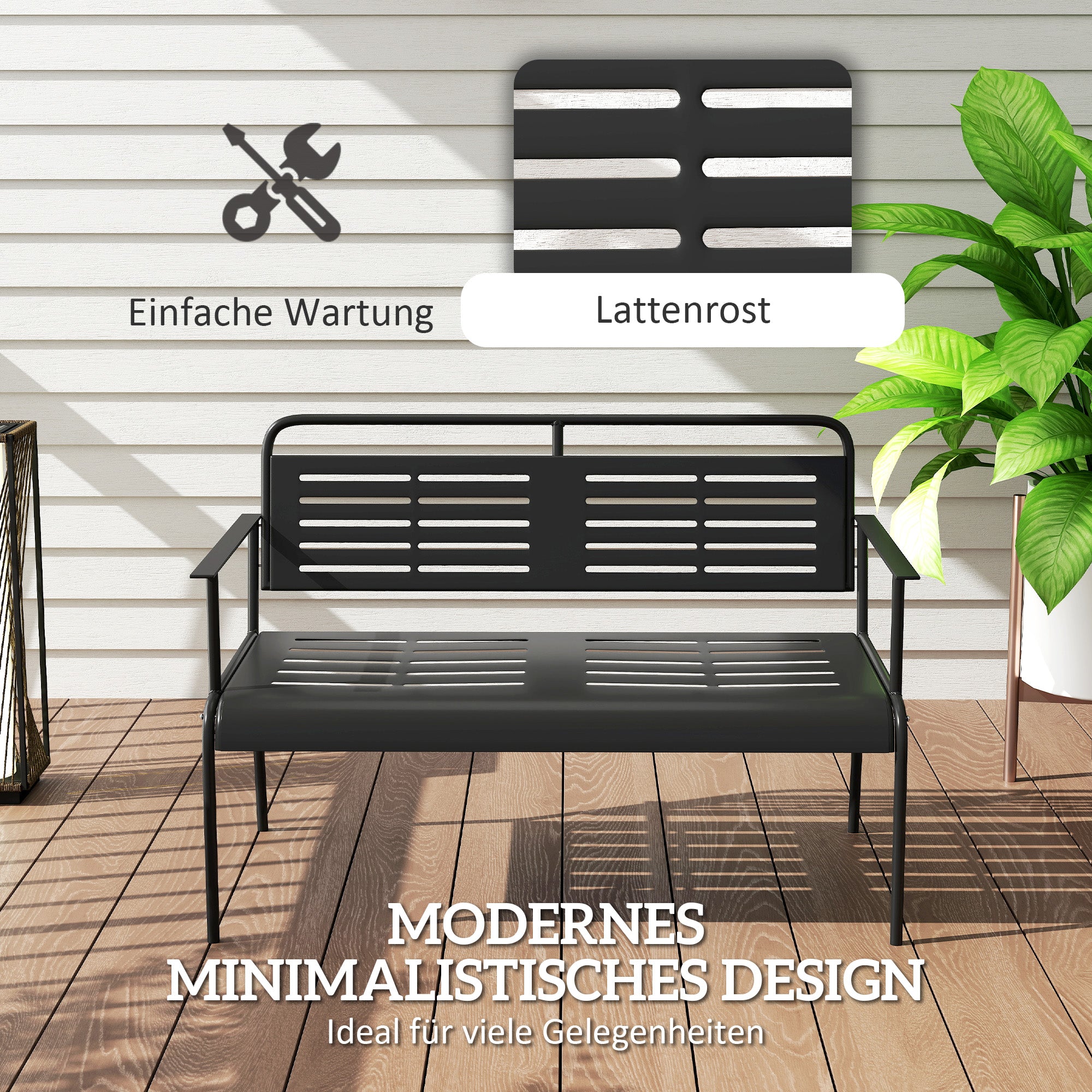 2-sits svart trädgårdsbänk, vattenavvisande, 240 kg kapacitet