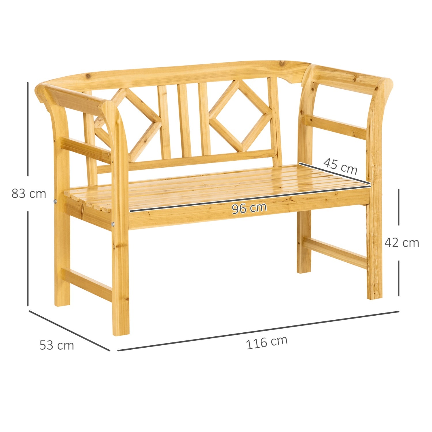 2-sits trädgårdsbänk i trä, väderbeständig, kapacitet 240 kg
