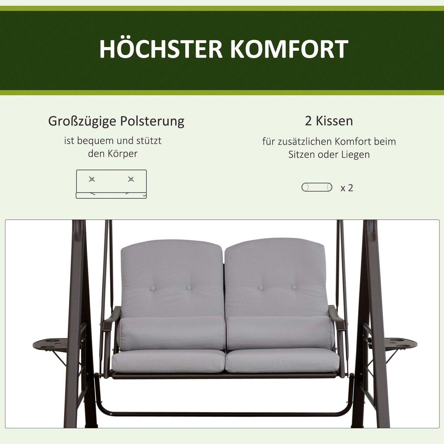 2-sits trädgårdsgunga med kapell och kuddar, grå metall