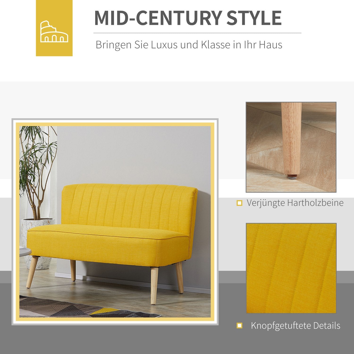 2-sits gul tygsoffa – träram, skumkuddar