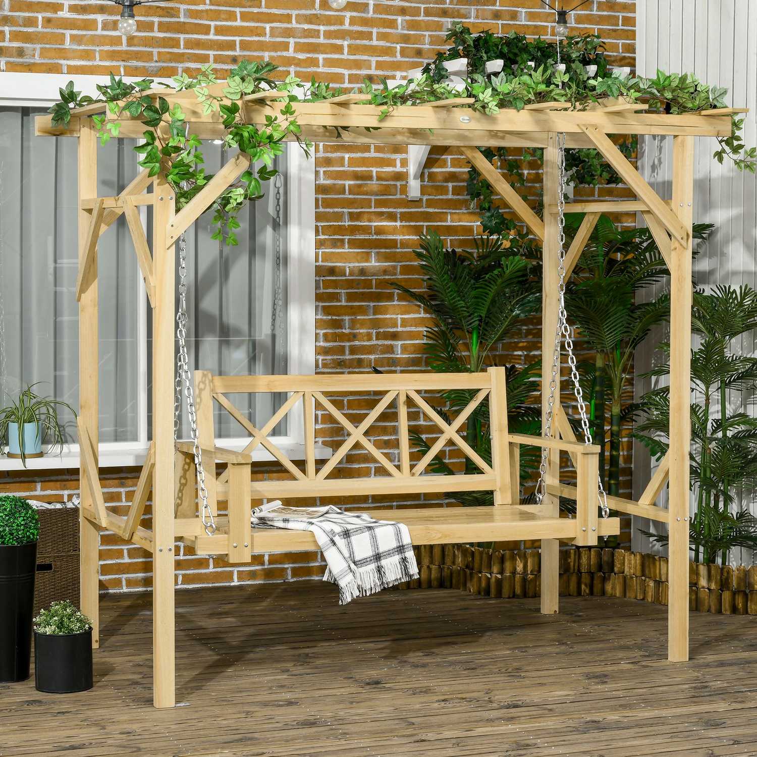 2-sits väderbeständig trädgårdsgunga i trä med pergola