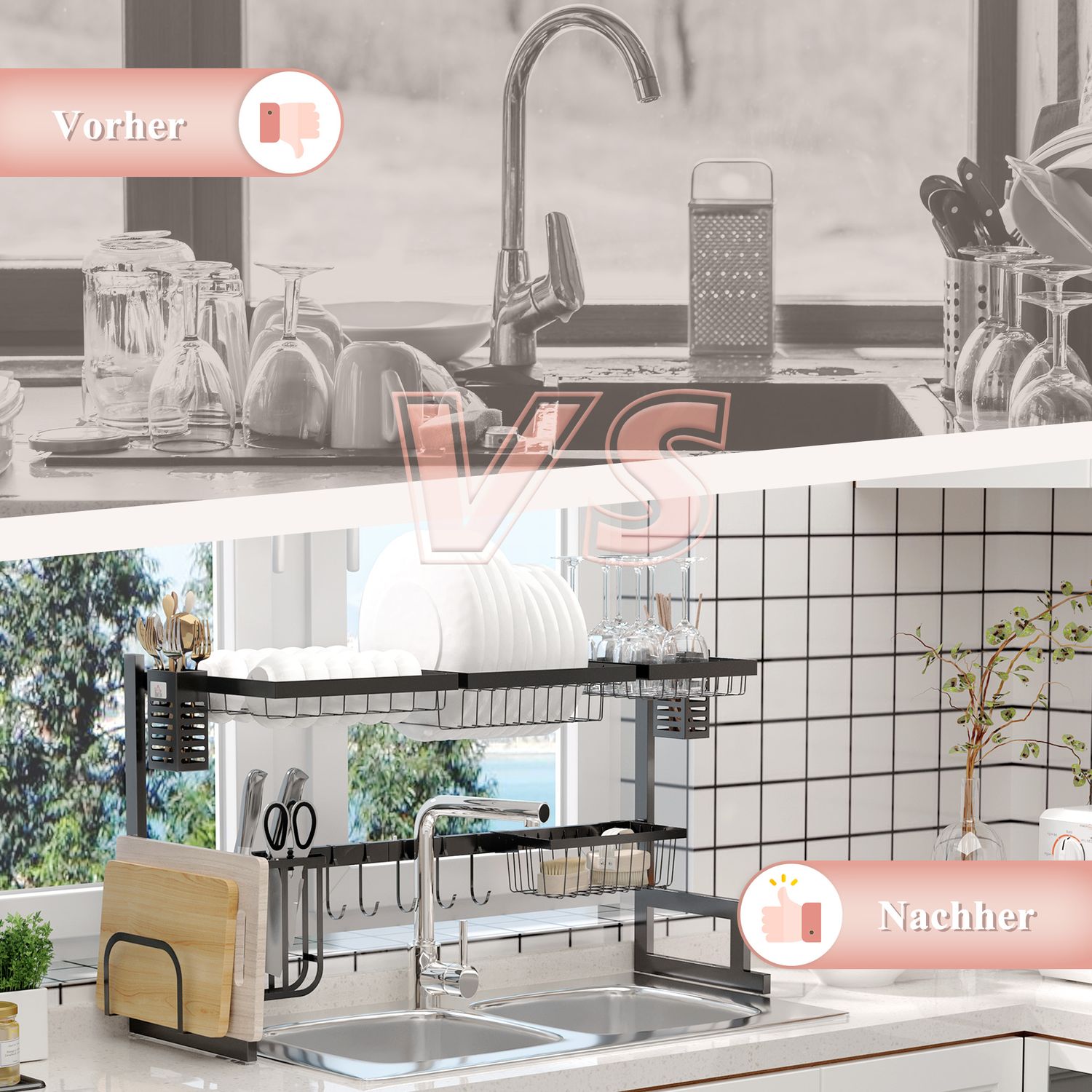 2-vånings diskstativ i stål med krokar och bricka, svart