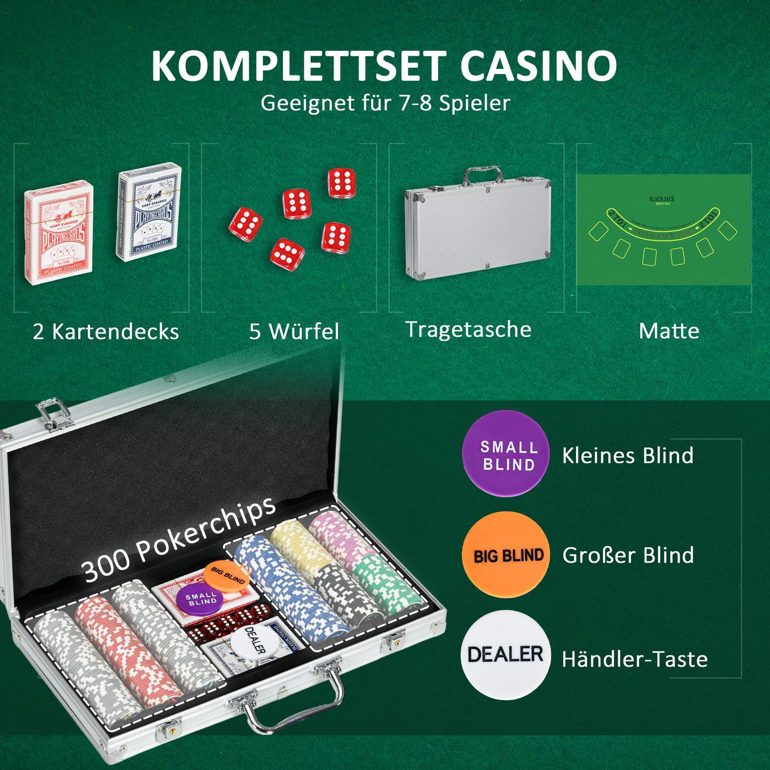 Pokerväska Set 300 Marker 11,5G Komplett Pokerset Lås 2 Däck 5 Tärningar Dealer Blindknappar Silver