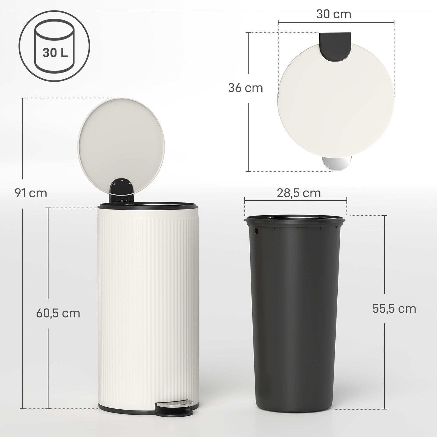 30L pedalhink med mjukstängande lock, svart metall