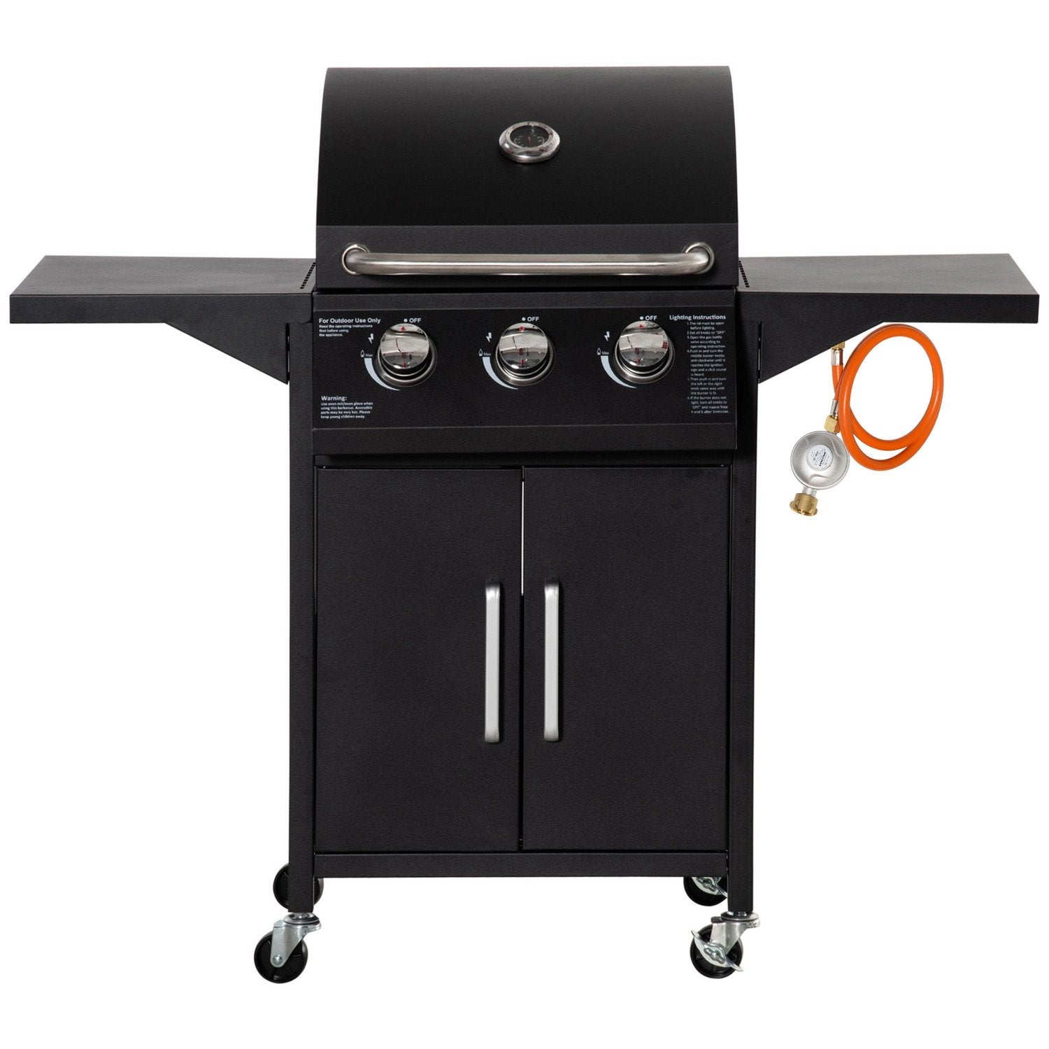 Gassgrill grill med 3 brennere 3 kw hver mobil grillvogn med 4 hjul Grillnetting sidebord Trykkreduksjonsslanger Stål 121 X 55 X 109 cm