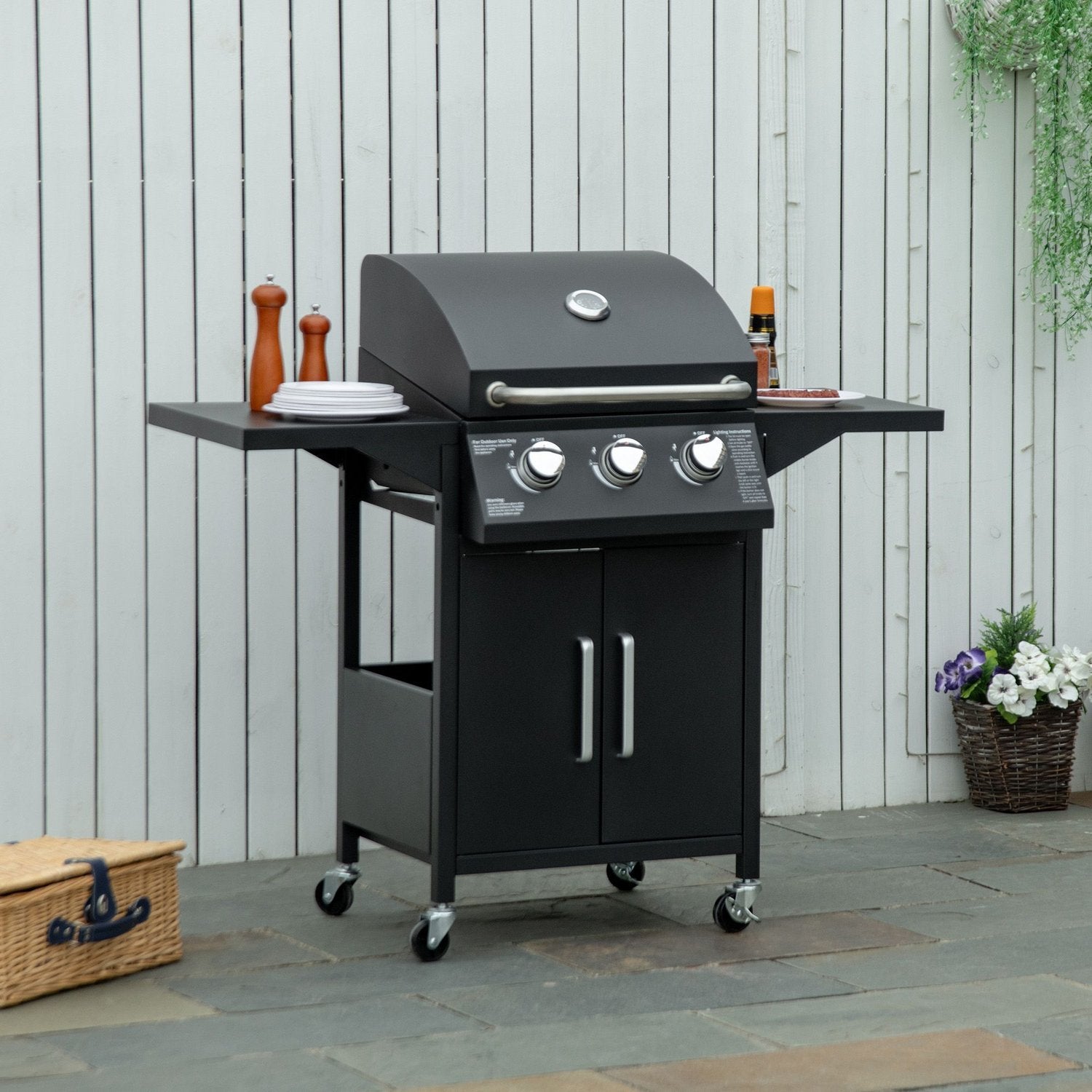 Gassgrill grill med 3 brennere 3 kw hver mobil grillvogn med 4 hjul Grillnetting sidebord Trykkreduksjonsslanger Stål 121 X 55 X 109 cm