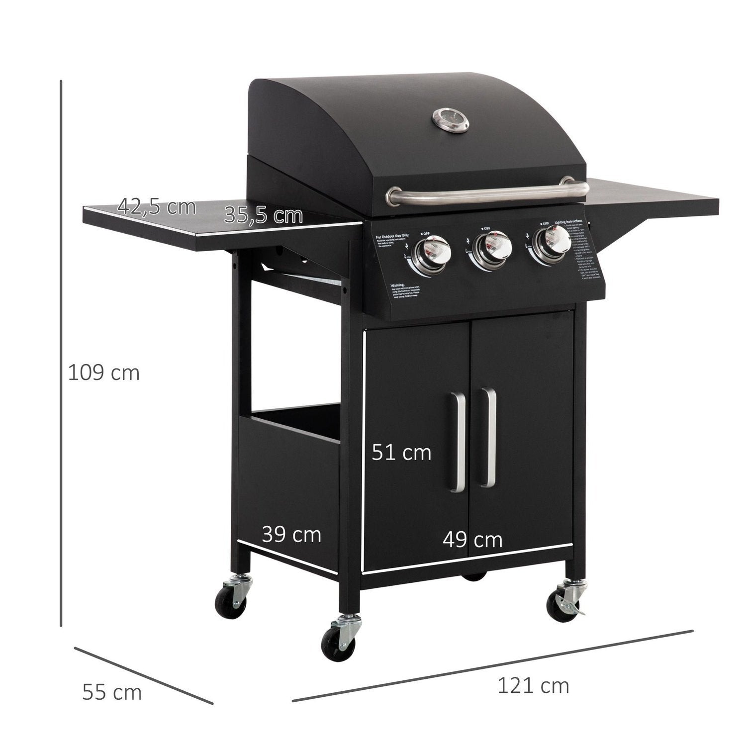 Gassgrill grill med 3 brennere 3 kw hver mobil grillvogn med 4 hjul Grillnetting sidebord Trykkreduksjonsslanger Stål 121 X 55 X 109 cm