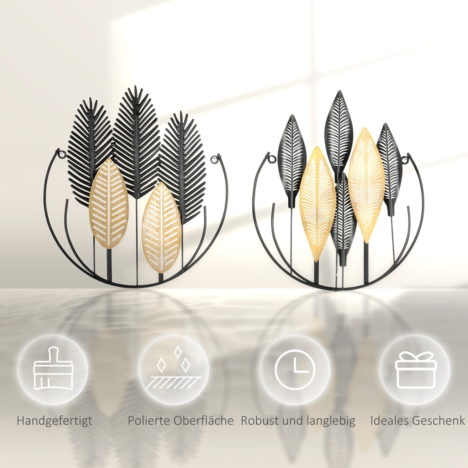 3D Metal Wall Art Leaf Set – Black & Natural, 40x46 Cm