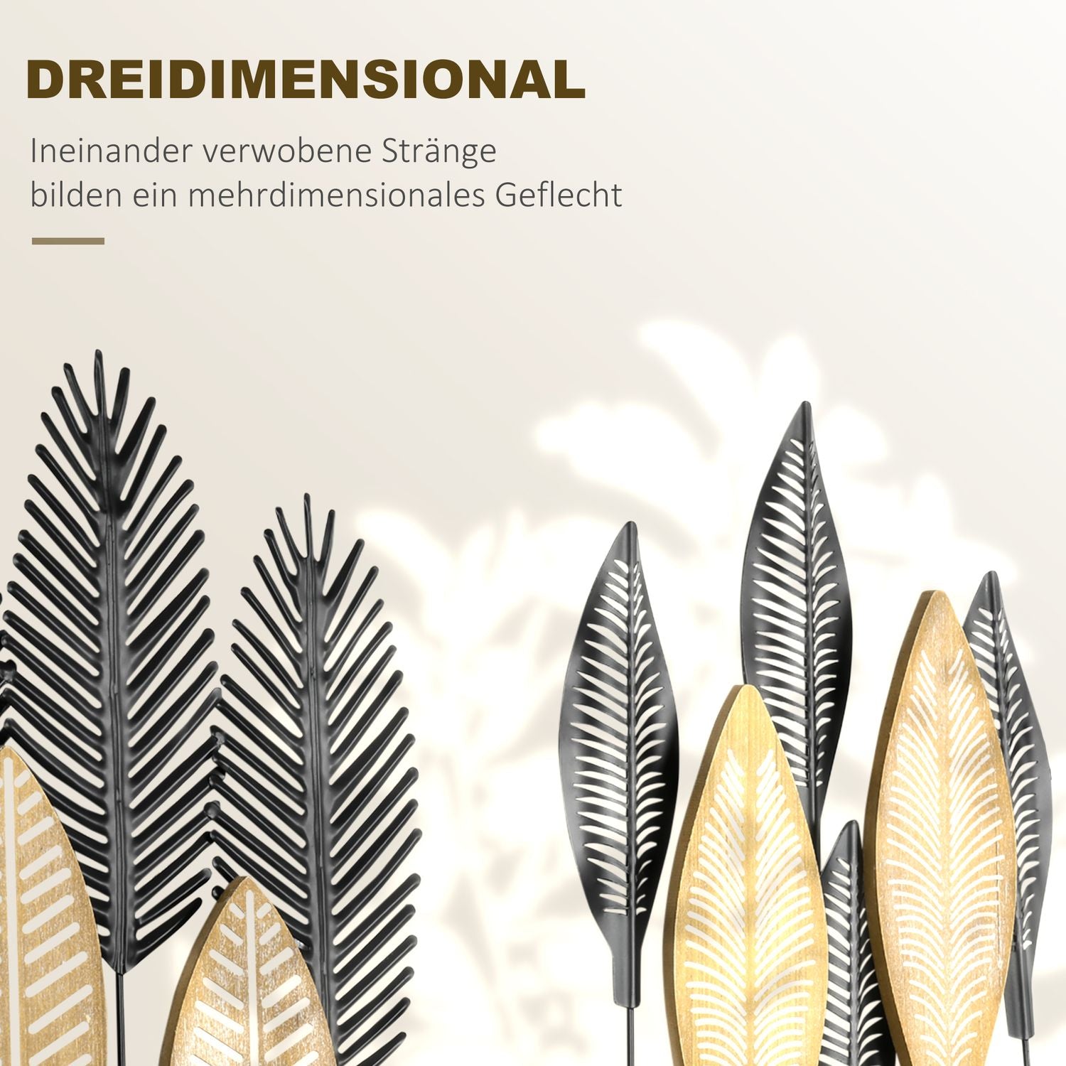 3D Metal Wall Art Leaf Set – Black & Natural, 40x46 Cm