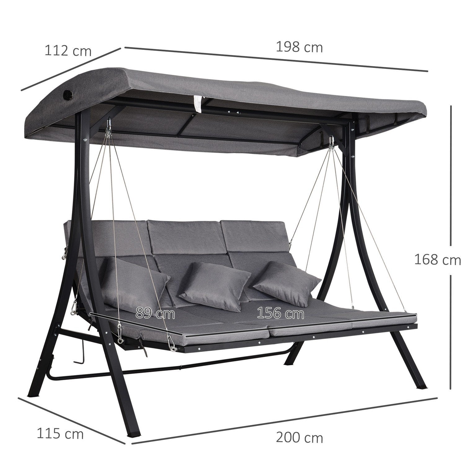 Hollywood Swing Grå 3-seters hagehuske med justerbar solskjerm, 200X115X168cm