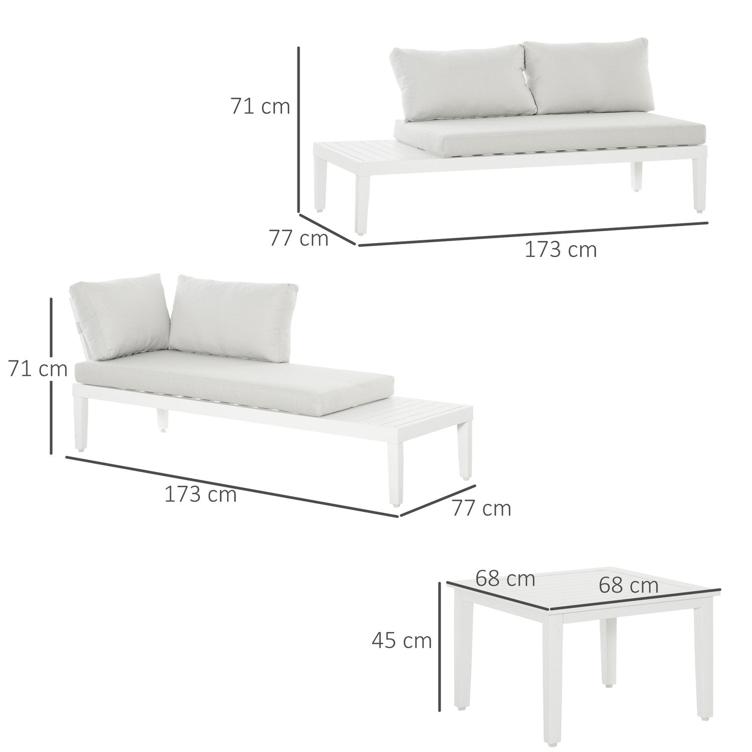 3-delt hagemøbelsett med sidebord, balkongmøbelsett, sofa med puter, L-form, utendørs aluminium, kremhvit