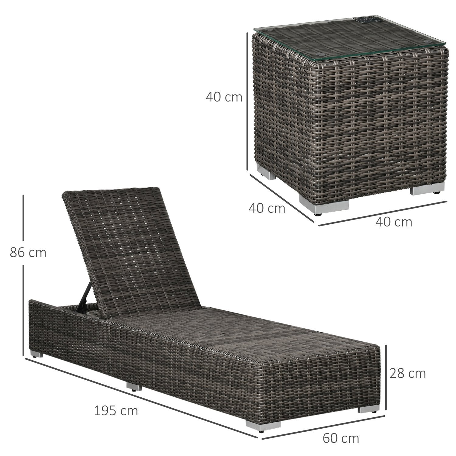 Solstol I Polyrotting 3-Delad. Trädgårdssäng Med 6-Vägs Justerbart Ryggstöd, Sidobord, Nackkudde, Aluminium, Grå, 60 X 195 X 86 Cm