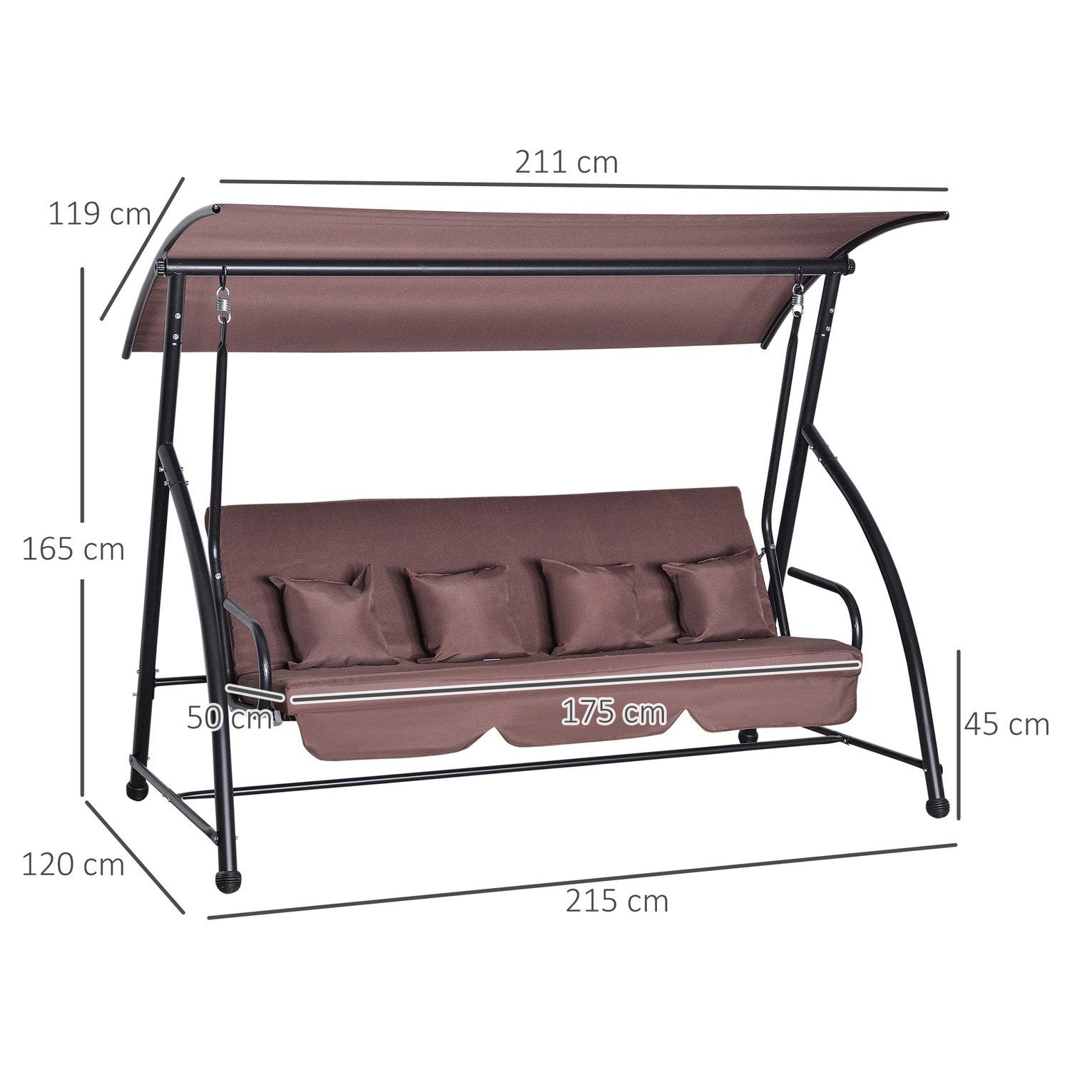 Hollywood Swing Hage Swing Hengebenk 3-seters huske med justerbar taktilt funksjon Polyester Brun 215 X 120 X 165 Cm