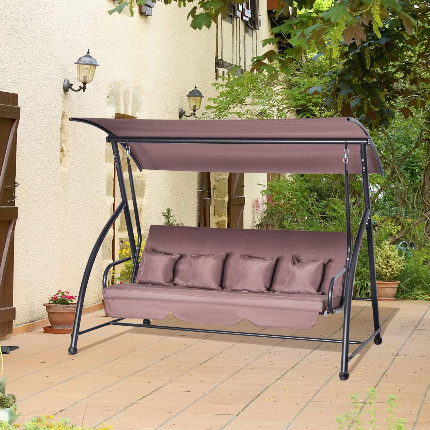 Hollywood Swing Hage Swing Hengebenk 3-seters huske med justerbar taktilt funksjon Polyester Brun 215 X 120 X 165 Cm