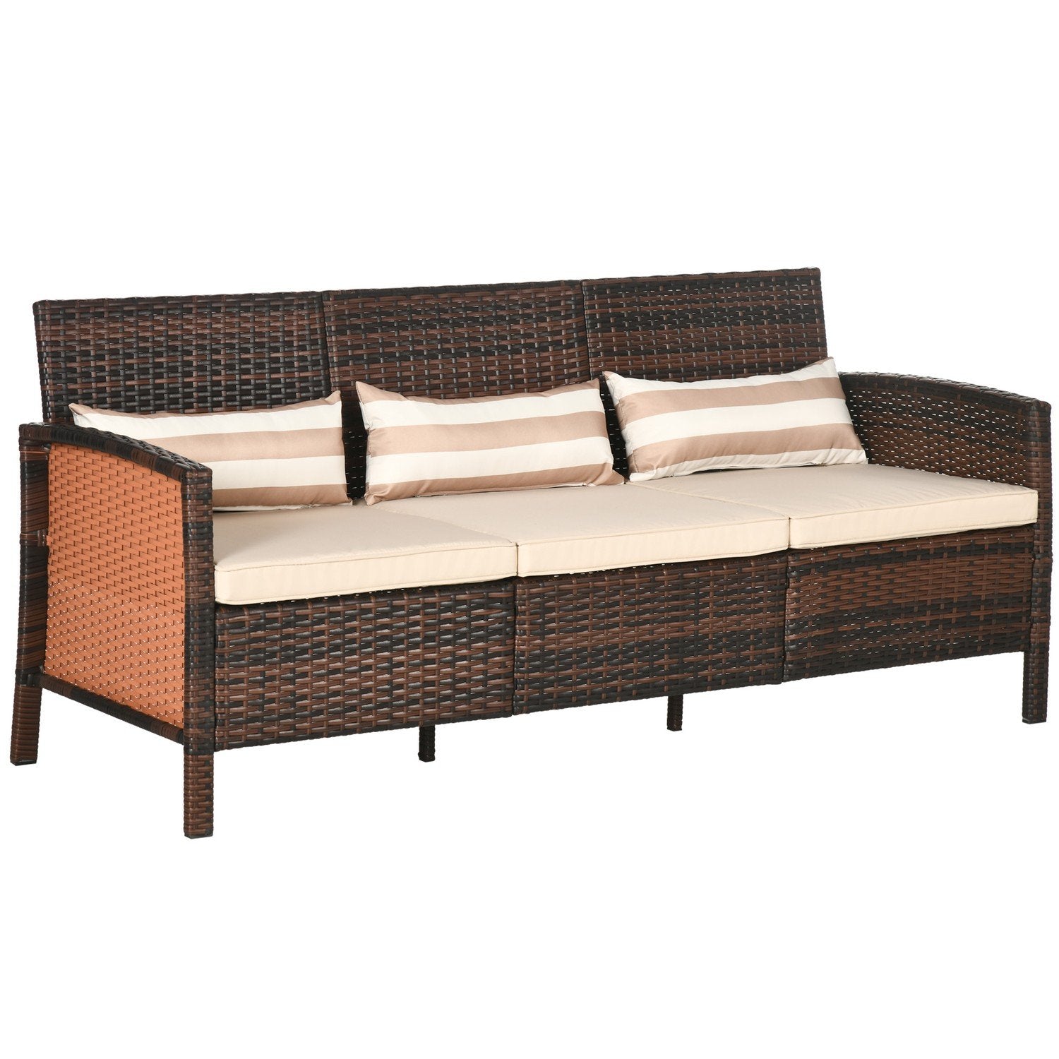 Rattan Trädgård Lounge Soffa Tre Sits Med Kuddar, Stål, Brun, 173 X 68 X 78 Cm