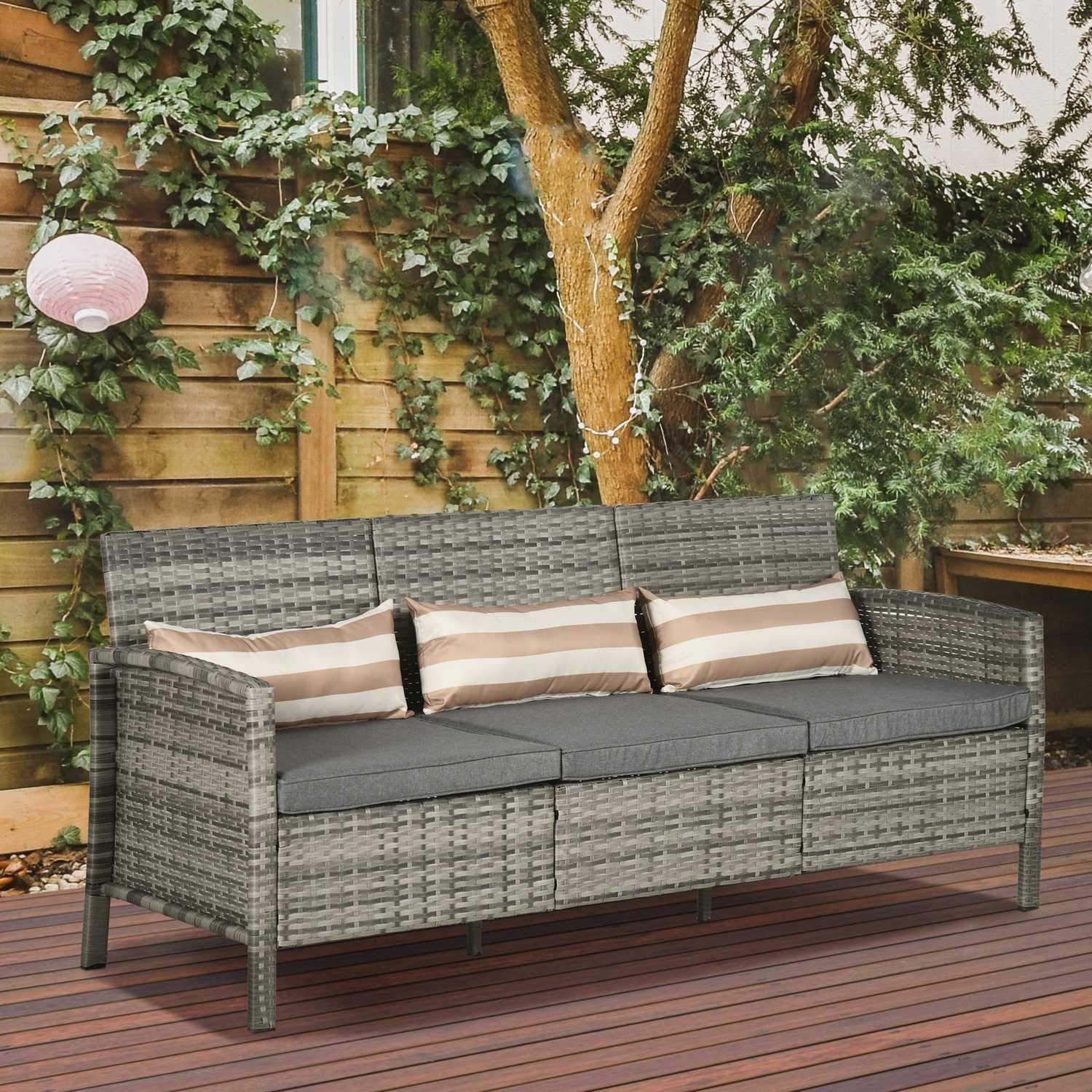 Rattan Trädgård Lounge Soffa Tre Sits Med Kuddar, Stål, Grå, 173 X 68 X 78 Cm