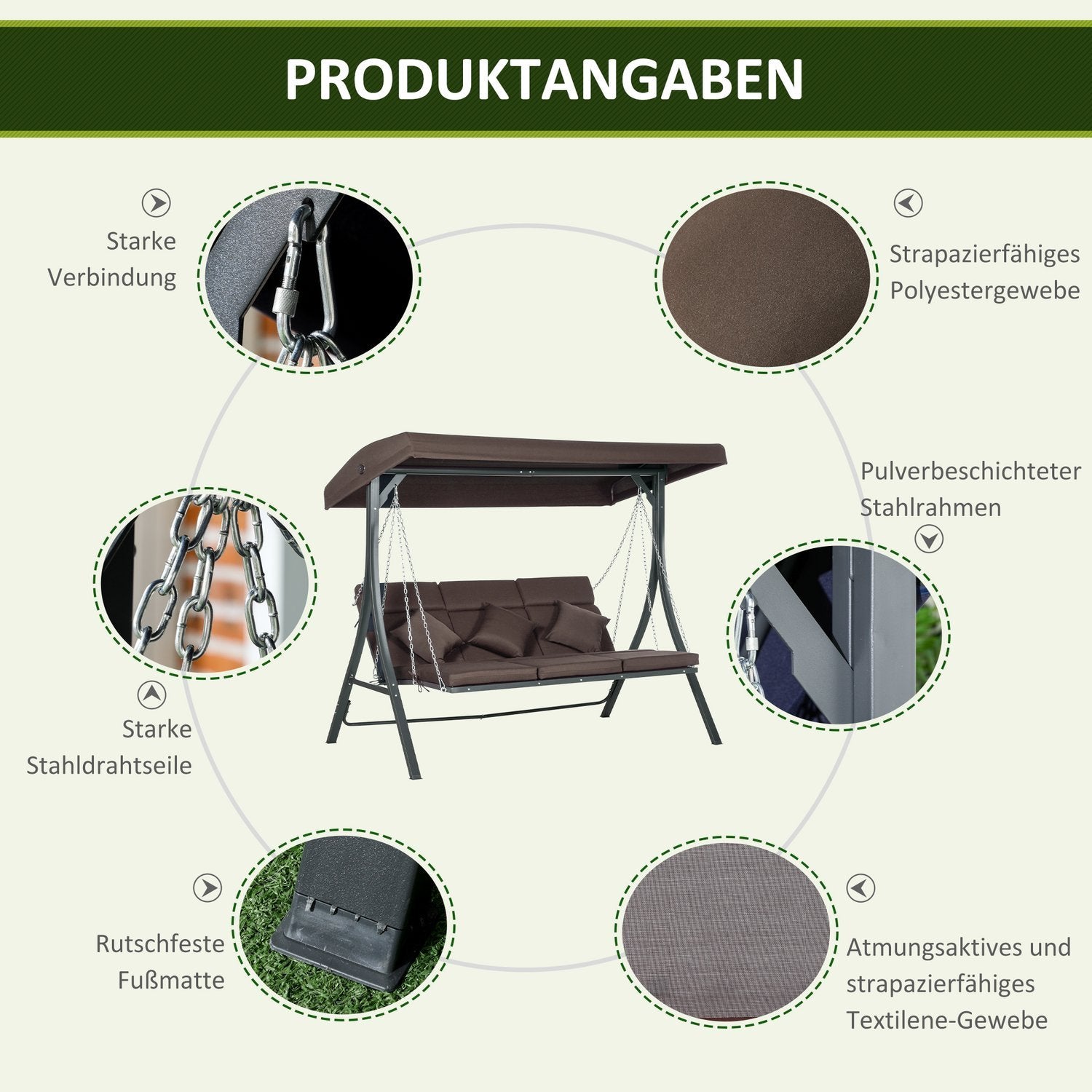 3-Sits Verandagunga, Gungbänk Med Justerbart Solskydd, Med Dyna, Lastkapacitet Upp Till 270 Kg, Metall, Textlinje, Brun