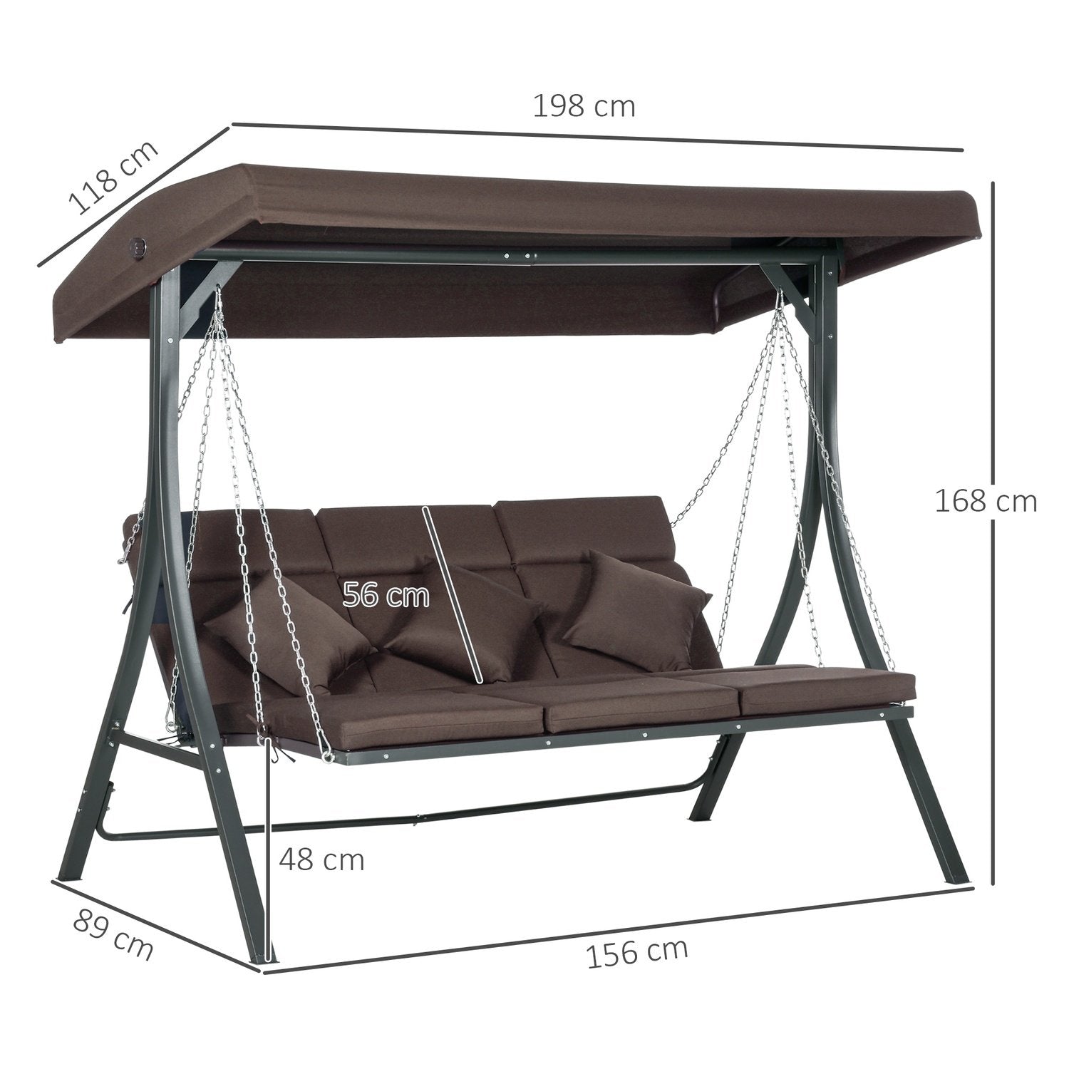 3-Sits Verandagunga, Gungbänk Med Justerbart Solskydd, Med Dyna, Lastkapacitet Upp Till 270 Kg, Metall, Textlinje, Brun