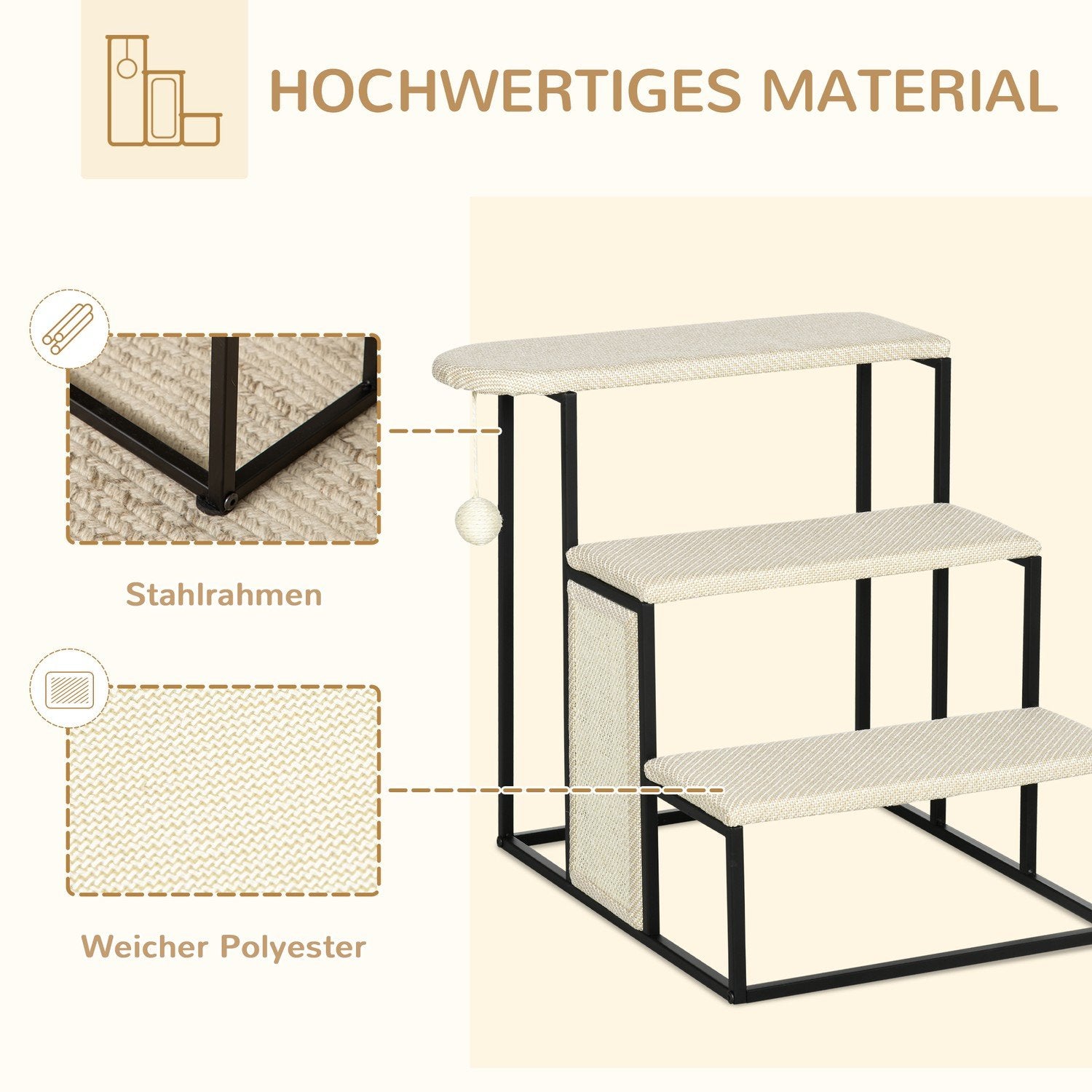 Dyretrapper 3-trinns kattetrapper Hundetrapper med skrapebrett og hengende lekeball Dyretrapper Stål Sisal Kremhvit + Sort 51X54X53Cm
