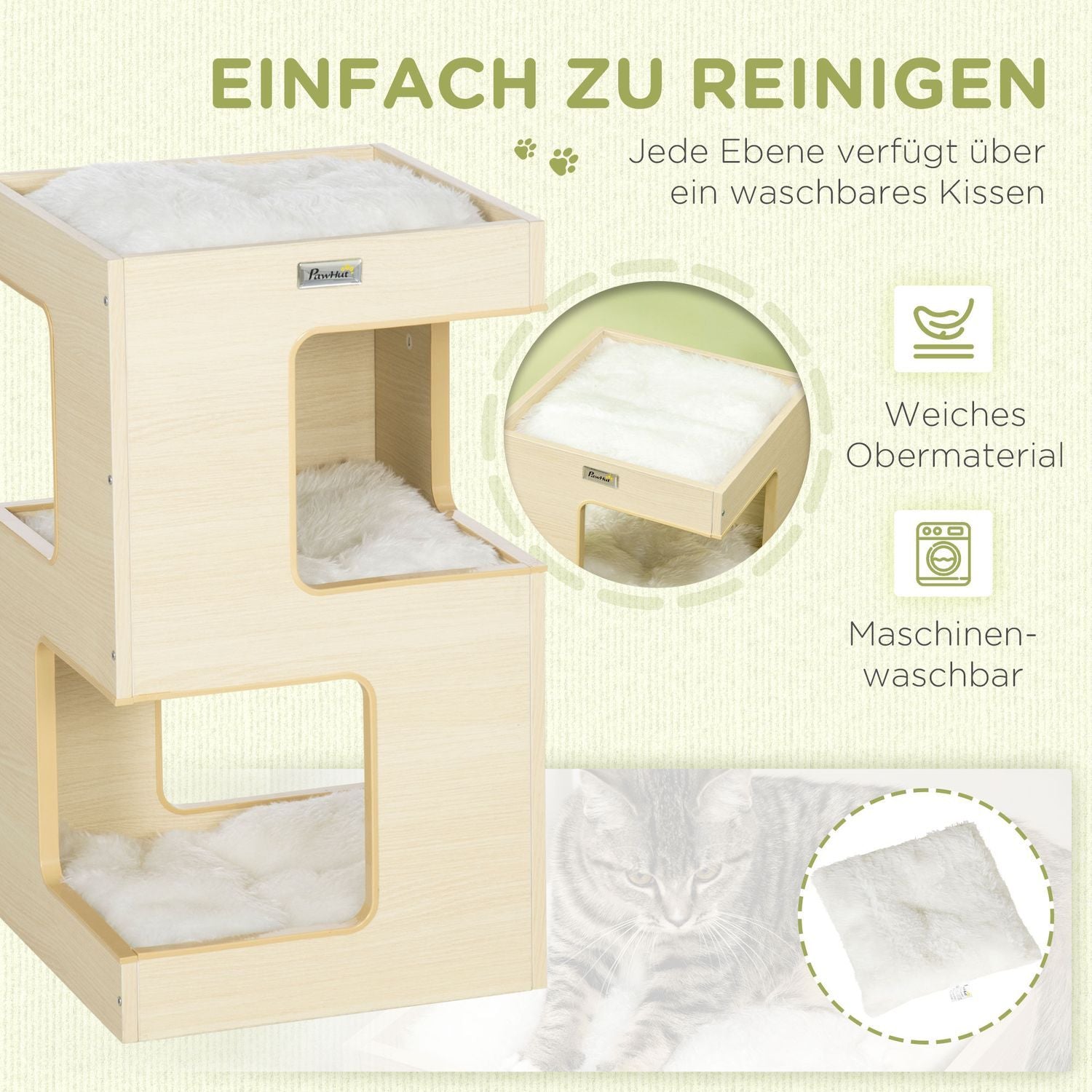 Cat Cave 3-Leder Cat Cabinet Pute Innendørs Cat House Cat House Leketøy Eik 34X34X60 Cm